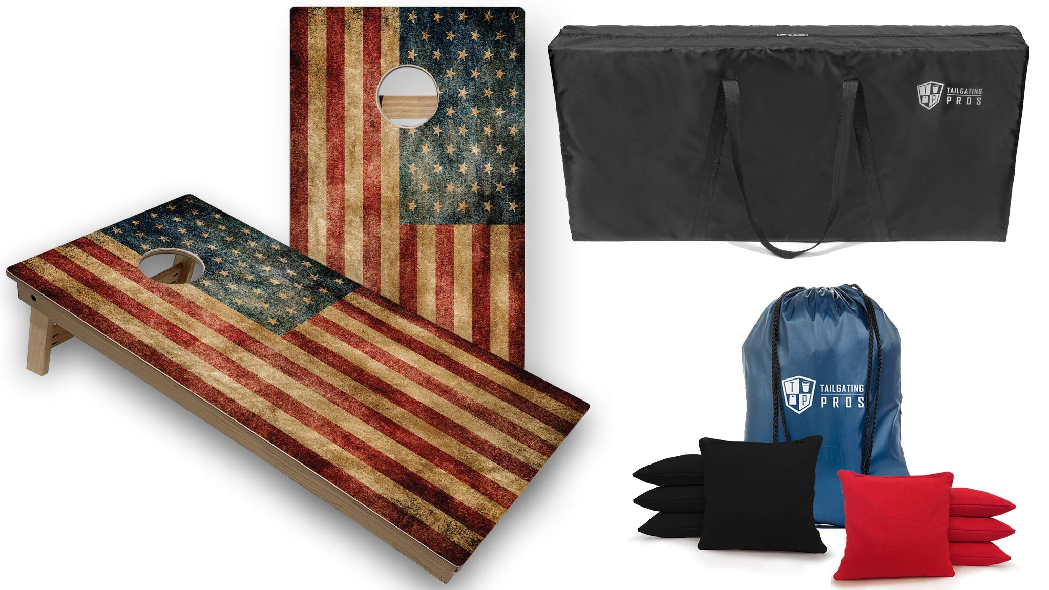Tournament Grade Cornhole Game Set - 2 Professional 4'x2' Distressed Flag Cornhole Boards, Carrying Case & 8 Bags (LED Lights Optional) - Perfect for Tailgating, Backyard Parties & Outdoor Events