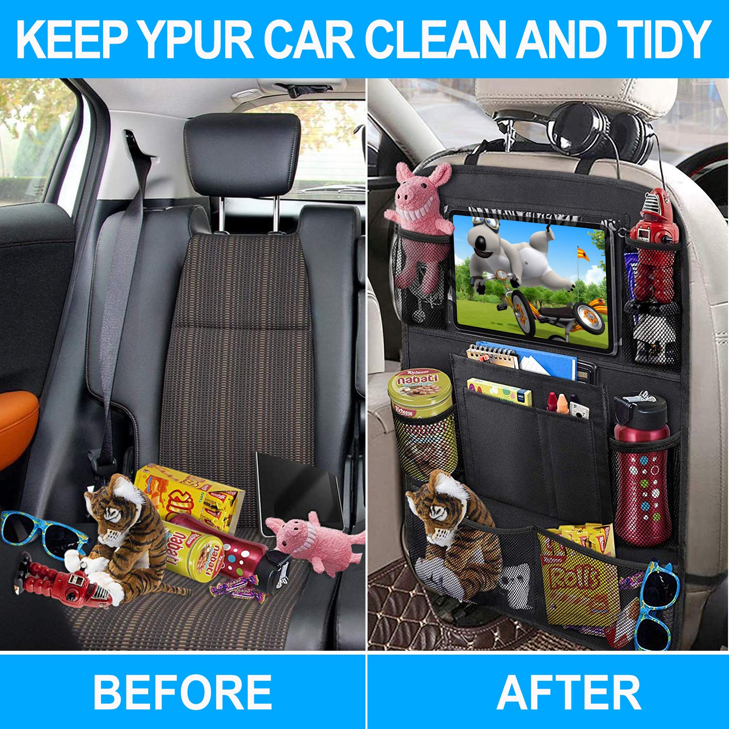2 Pack Car Backseat Organizer with Touch Screen Tablet Holder & 9 Storage Pockets - Kick Mats & Car Seat Protectors - Perfect Travel Accessories for Kids & Toddlers - Ideal for Road Trips, Family Vacations & Daily Commutes
