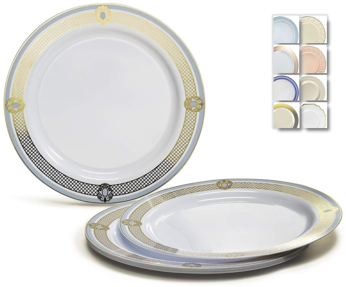 240 Pack Disposable Plastic Plates for Wedding & Party - 10.25 Inch Elegant Dinner Plates in Royal White, Blue & Gold - Perfect for Catering, Birthday Celebrations and Special Events