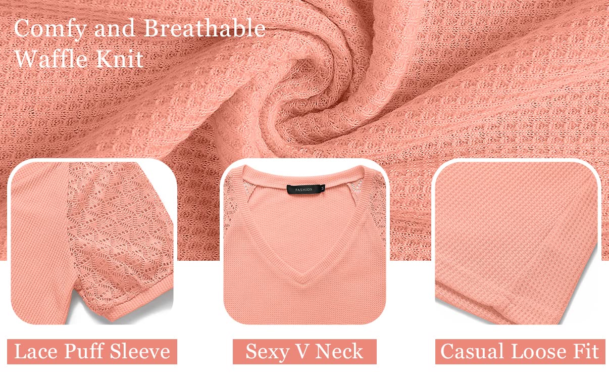 MEROKEETY Women's Summer Lace Short Sleeve V-Neck Blouse - Loose Casual Waffle Knit Top for Beach, Vacation & Everyday Wear | 2025 Trendy Fashion