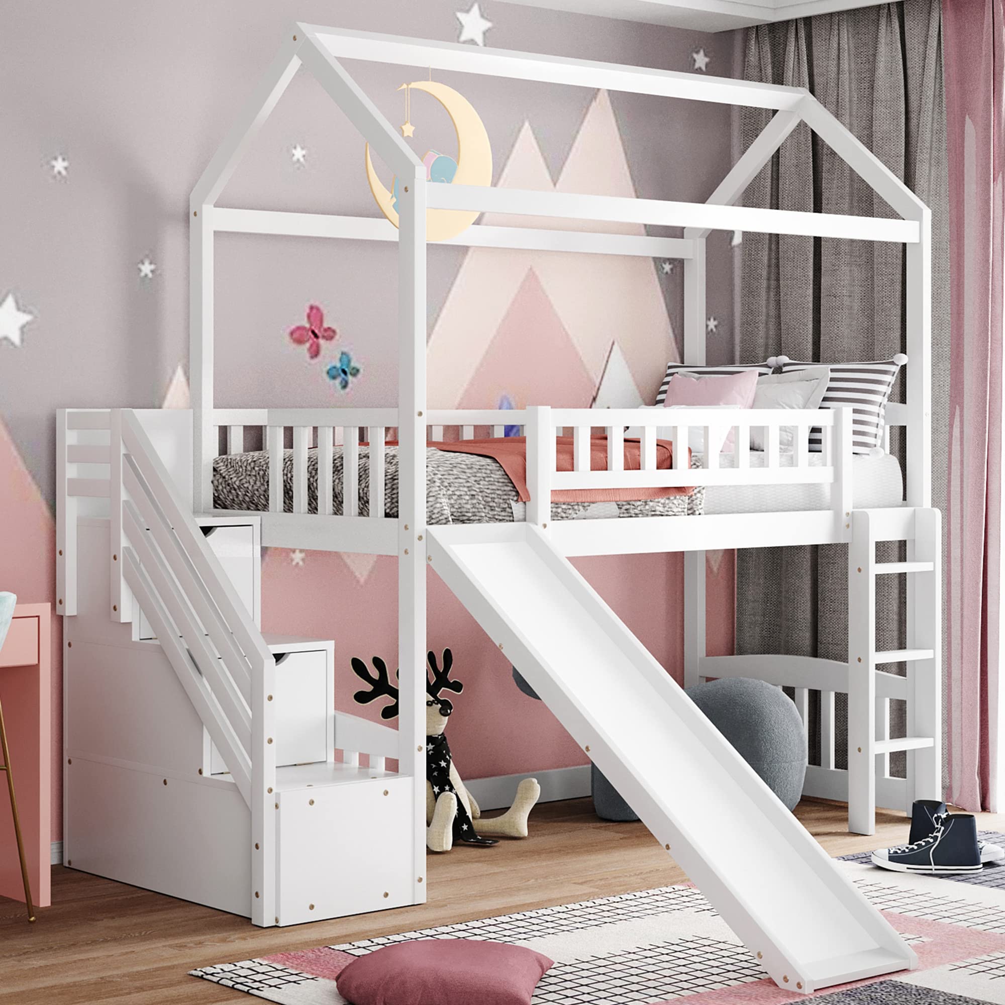 Harper & Bright Designs Twin Loft Bed with Slide, Staircase & Drawers - Wooden Kids Loft Bed Frame for Boys & Girls - No Box Spring Needed - White - Perfect for Small Bedrooms, Playrooms & Kids' Sleepovers