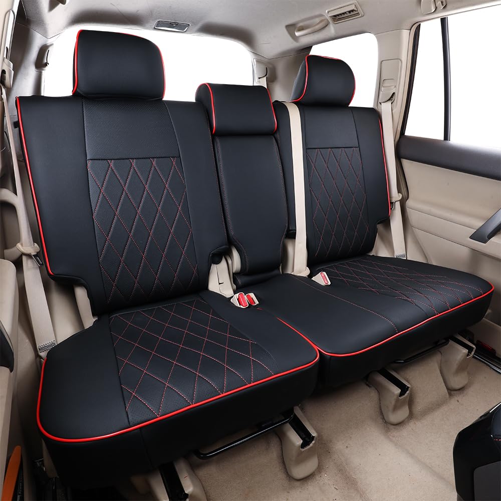 Premium Custom Fit Toyota 4Runner 2010-2024 Car Seat Covers Full Set - 7 Seat Waterproof Leather Protector with Black & Red Piping - Perfect for Off-Roading, Camping & Daily Commute