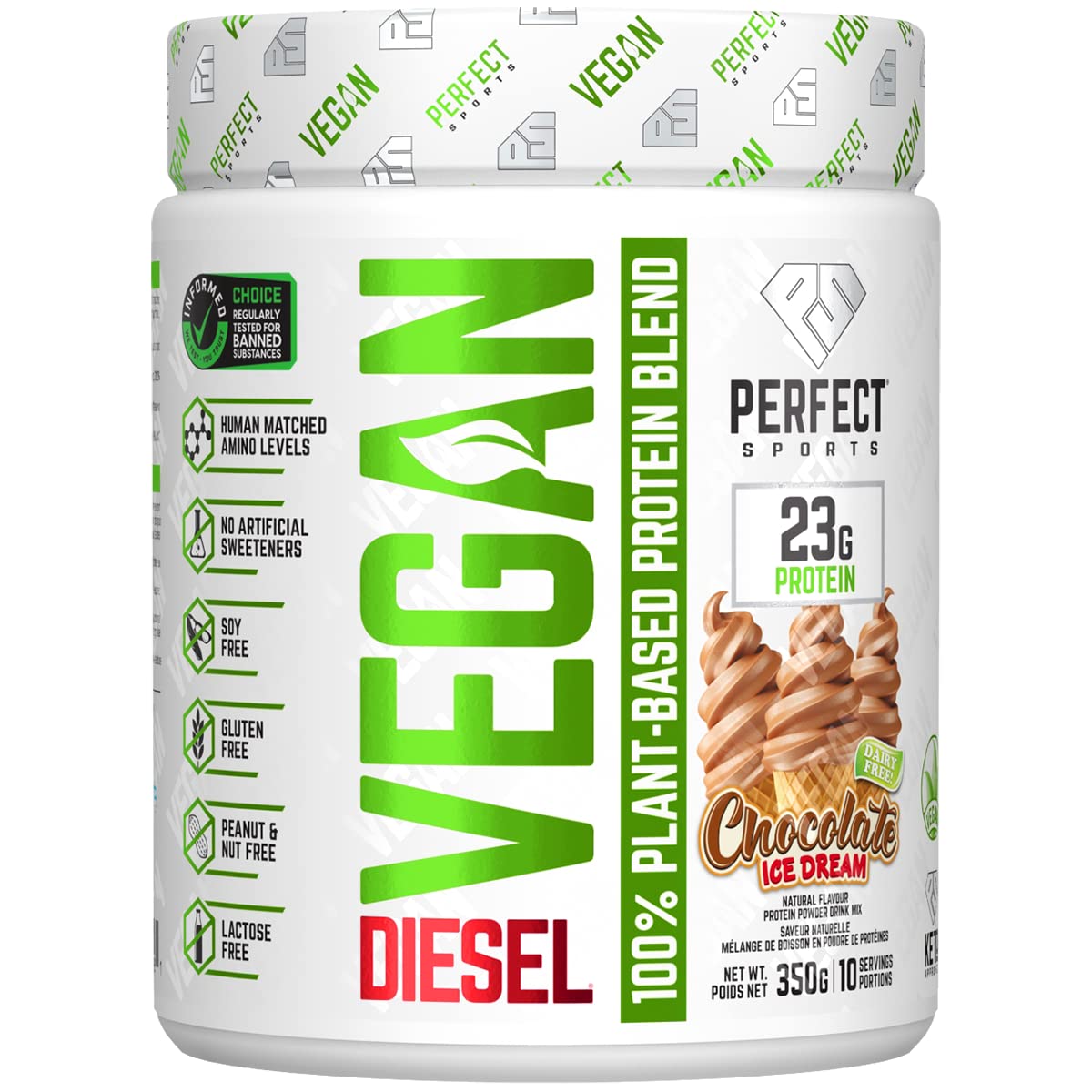 PERFECT Sports DIESEL Vegan Protein Powder - 100% Plant-Based, Chocolate Ice Dream Flavor, 350g (10 Servings) | Post-Workout Recovery, Muscle Building, Healthy Vegan Diet Supplement