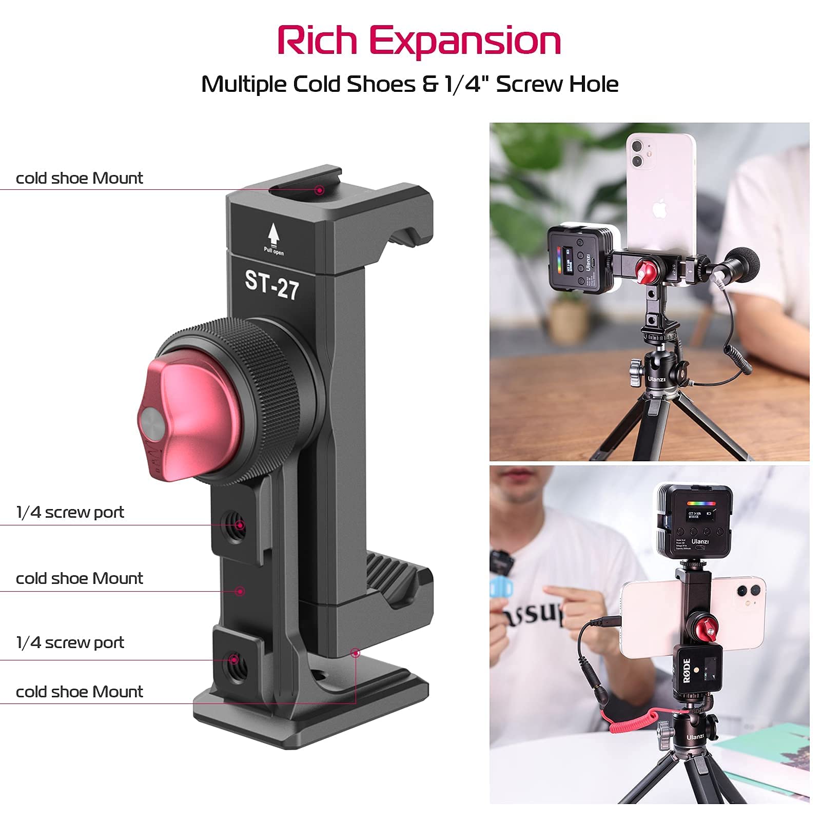 ULANZI ST-27 Universal Smartphone Tripod Mount with VIJIM VL120 RGB LED Light - Perfect for Vlogging, Live Streaming & Content Creation
