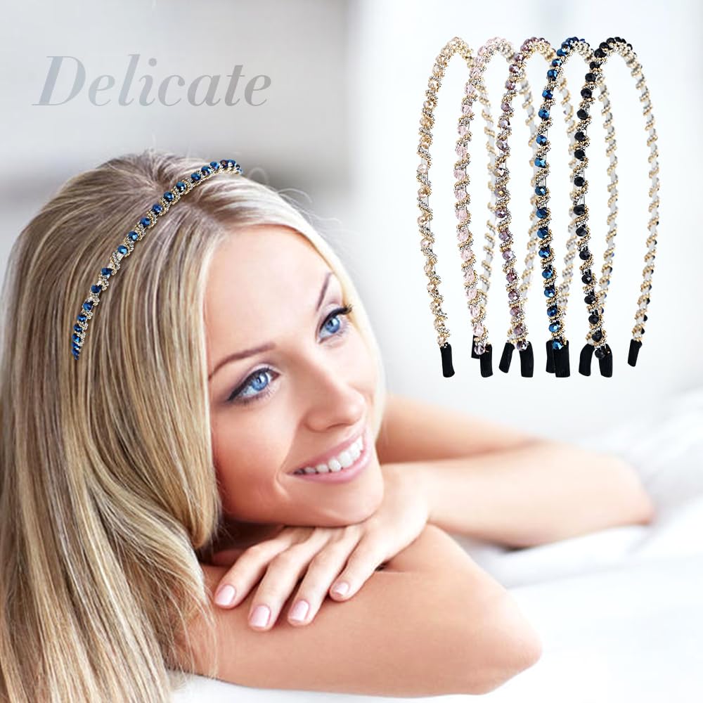 Sparkly Crystal Rhinestone Metal Thin Headbands for Women - 5 Pack Wedding, Party, Prom Hair Accessories - Elegant Hair Hoops for Girls & Teens - Perfect for Bridal, Birthday & Special Occasions