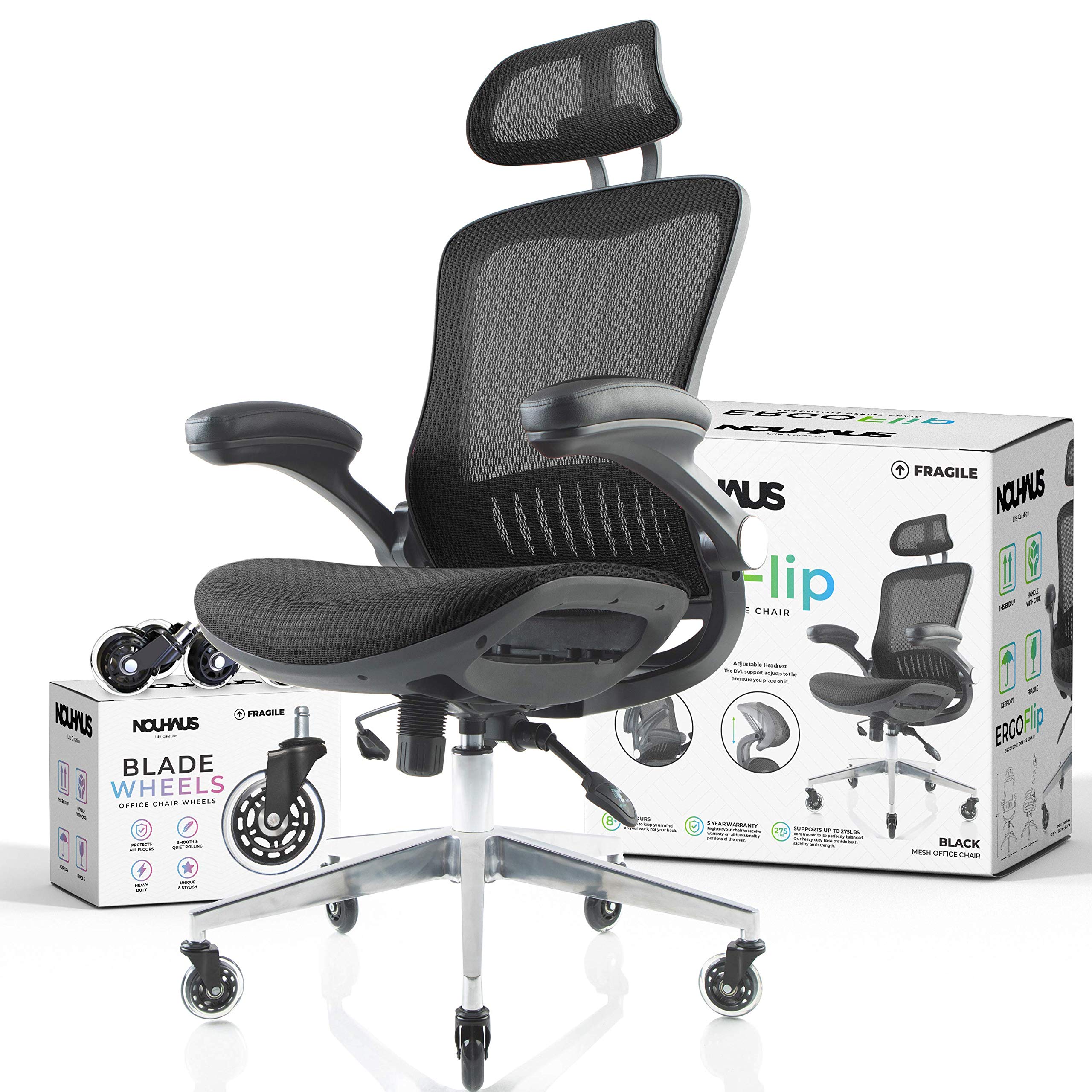 Nouhaus ErgoFlip Mesh Computer Chair - Ergonomic Office Chair with Retractable Armrests, Blade Wheels & Reinforced Base - Rolling Desk Chair for Home Office, Gaming & Executive Workspaces (Black)