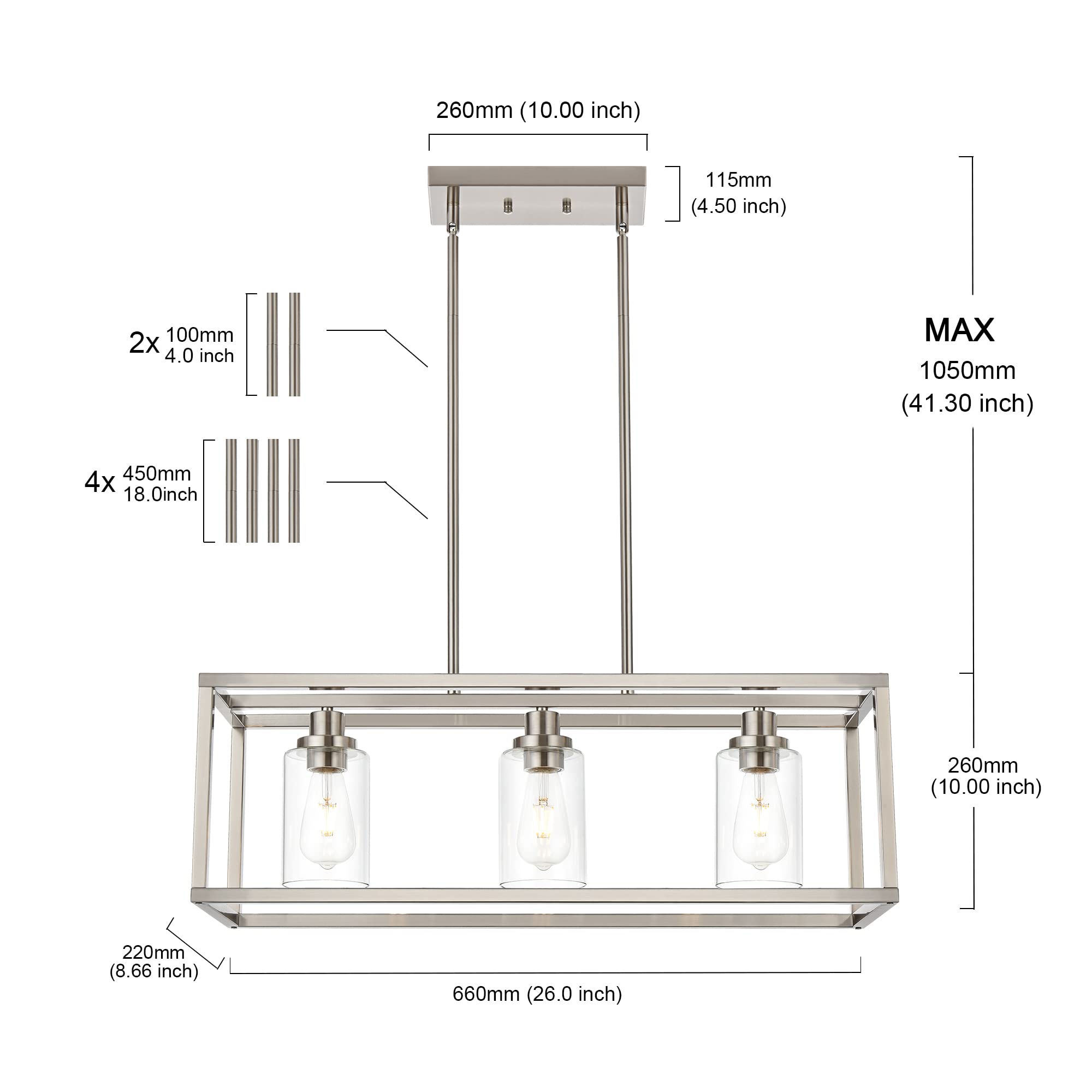 Modern 3-Light Rectangle Chandelier - Brushed Nickel Finish with Clear Glass Shade for Dining Room, Kitchen Island, Hallway & Living Room | Elegant Ceiling Lighting Fixture for Home Decor & Entertaining