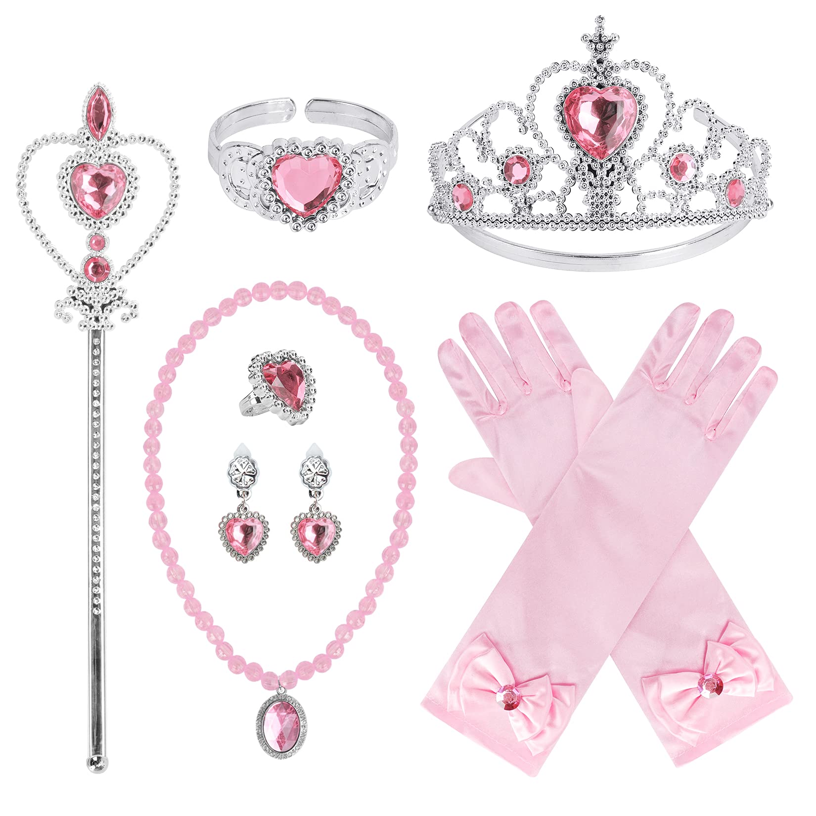 Royal Princess Dress Up Party Set - Gloves, Tiara, Magic Wand, Necklace, Earrings, Bracelet & Ring (9-Piece Pink Costume Accessories Kit) | Perfect for Birthday Parties, Halloween, Dress-Up Play & Themed Events