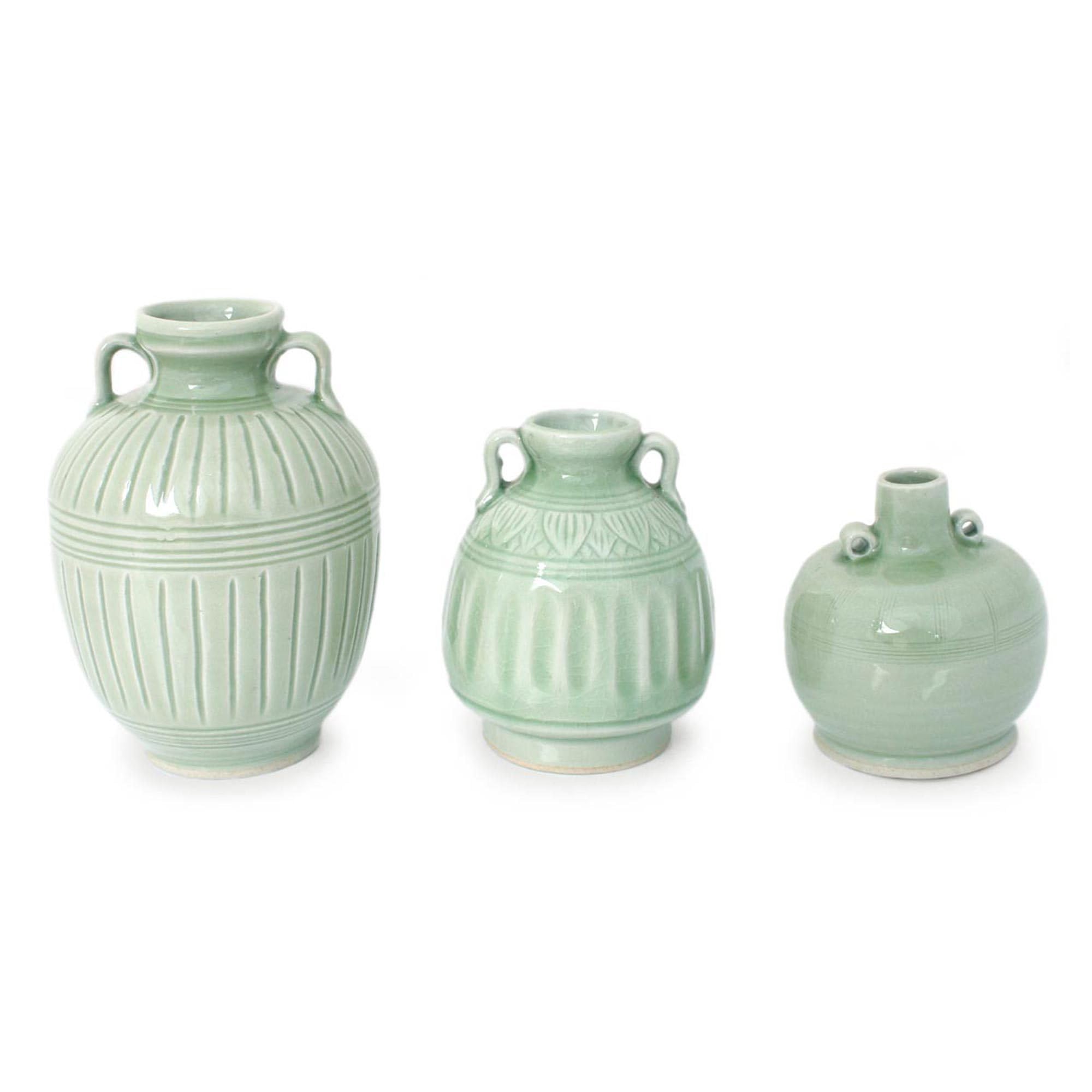 NOVICA Handmade Celadon Ceramic Vase Set of 3 - Green Sawankhalok Meadows Design - Elegant Home Decor for Living Room, Dining Table & Wedding Centerpieces