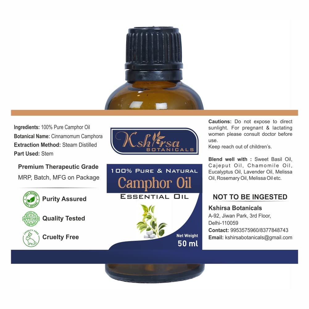 100% Pure & Natural Camphor Essential Oil (Cinnamomum Camphora) with Euro Dropper - Skin Care, Hair Growth, Aromatherapy & Pain Relief - 50ml for Massage, Diffuser & DIY Beauty Products