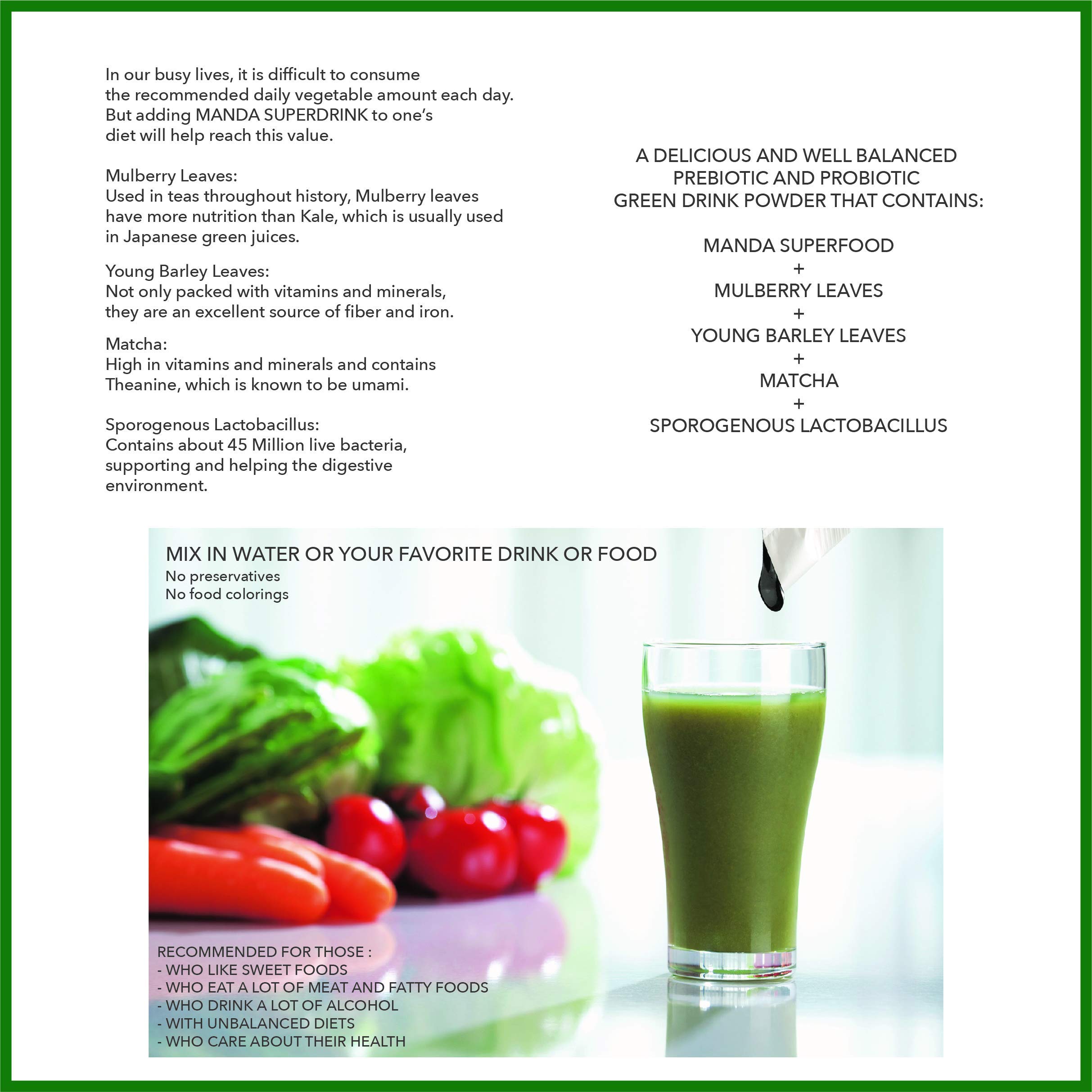 Manda Wellness Superdrink - Prebiotic & Probiotic Green Juice for Gut Health & Immunity | Delicious Japanese Made Digestive Support Drink | Perfect for Daily Wellness Routine, Post-Workout Recovery & Travel