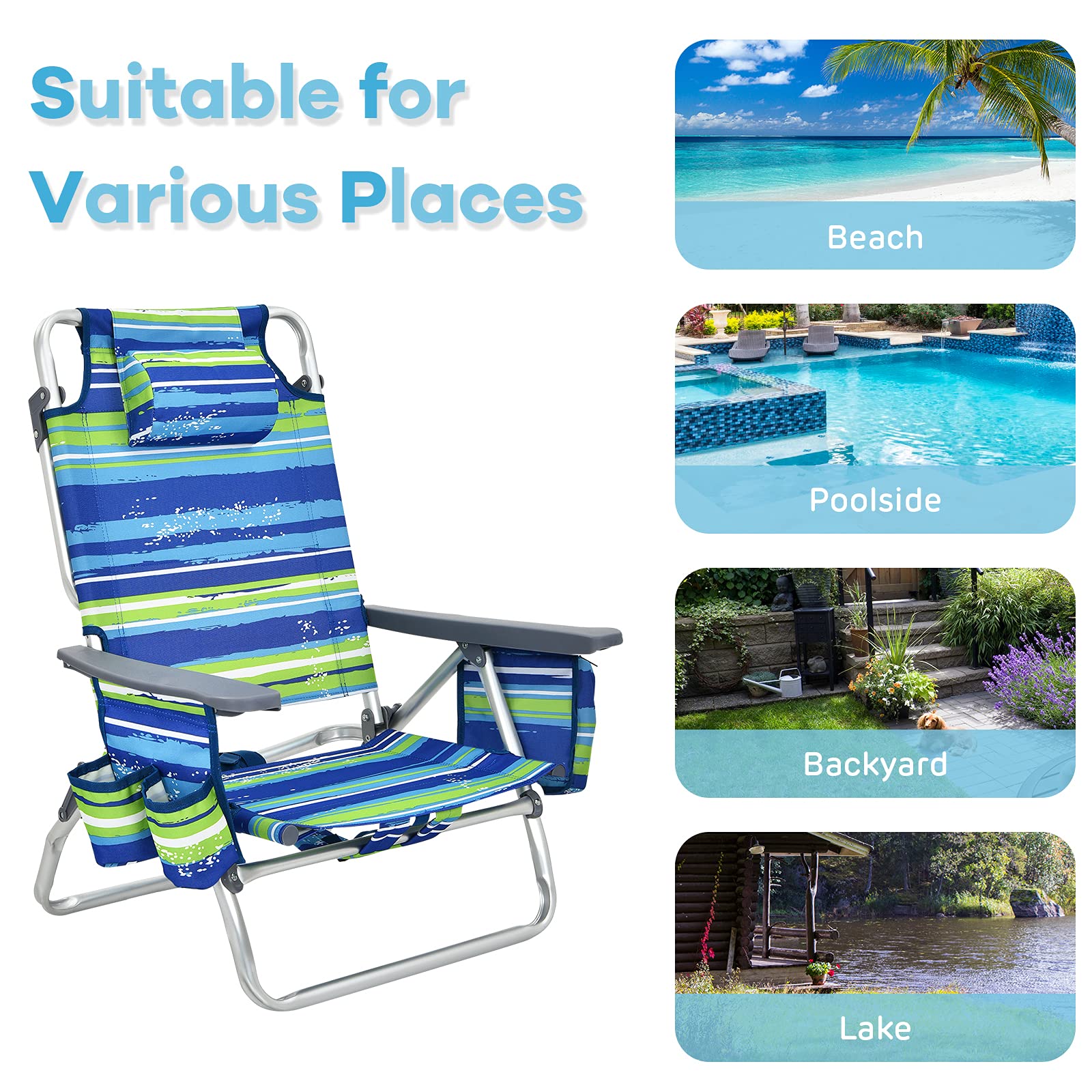Goplus Folding Beach Chair for Adults - 5-Position Adjustable Backpack Chair with Head Pillow, Cooler Bag, Towel Bar & Cup Holders - Portable Sunbathing Lounge Chair for Beach, Poolside, Camping & Outdoor Relaxation