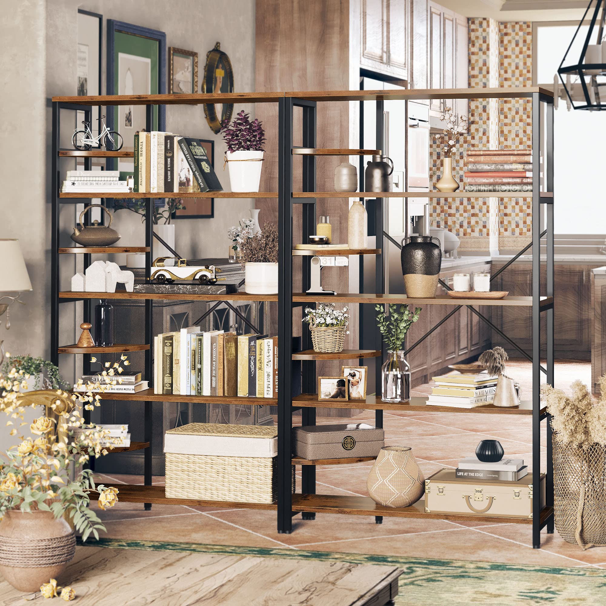 IRONCK 8-Tier Rustic Industrial Bookcase & Corner Ladder Shelf - Sturdy Storage Rack for Books, Plants & Decor - Perfect for Living Room, Home Office & Kitchen Organization