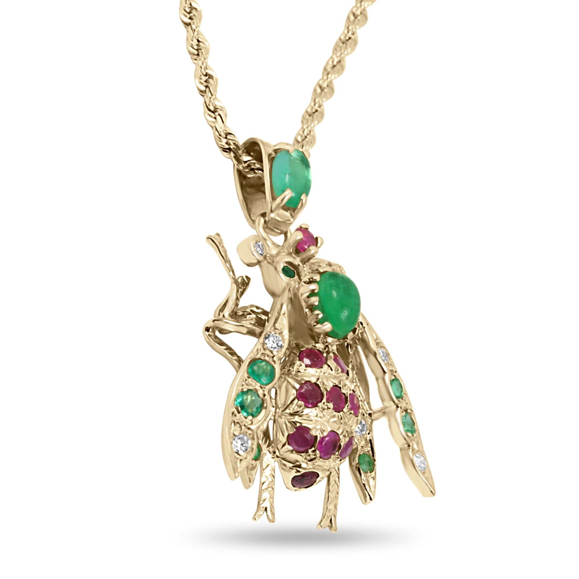 4.14tcw Genuine Emerald Ruby Diamond Bug Bee Insect Pendant in 14K Gold - Elegant Jewelry for Women, Perfect Gift for Birthdays & Anniversaries