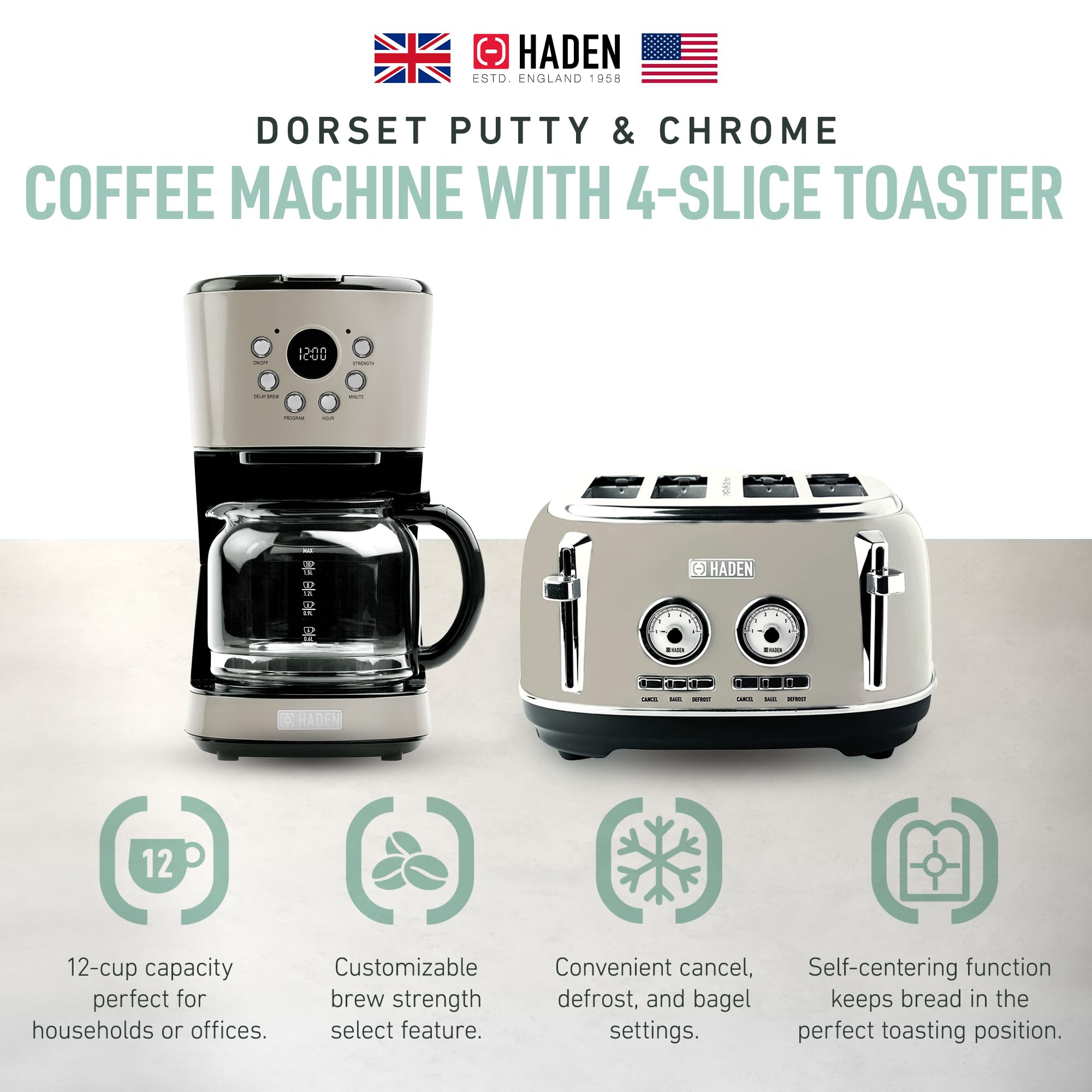 Haden 12 Cup Programmable Drip Coffee Maker with Dorset 4-Slice Wide Slot Stainless Steel Toaster Set - Perfect for Home Kitchen, Office, and Breakfast Nook - Putty & Chrome Finish