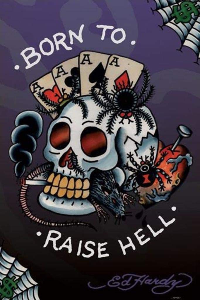 Ed Hardy Born to Raise Hell Tattoo Art Poster - 24x36 Inch Laminated Dry Erase Sign for Home, Office & Bar Decor | Vintage Wall Art for Tattoo Lovers & Rock Music Fans