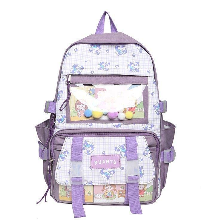 Cute Aesthetic Kawaii Backpack with Pin & Accessories - Stylish School & Travel Backpack for Girls, Women | Perfect for College, Work, Day Trips (Purple)