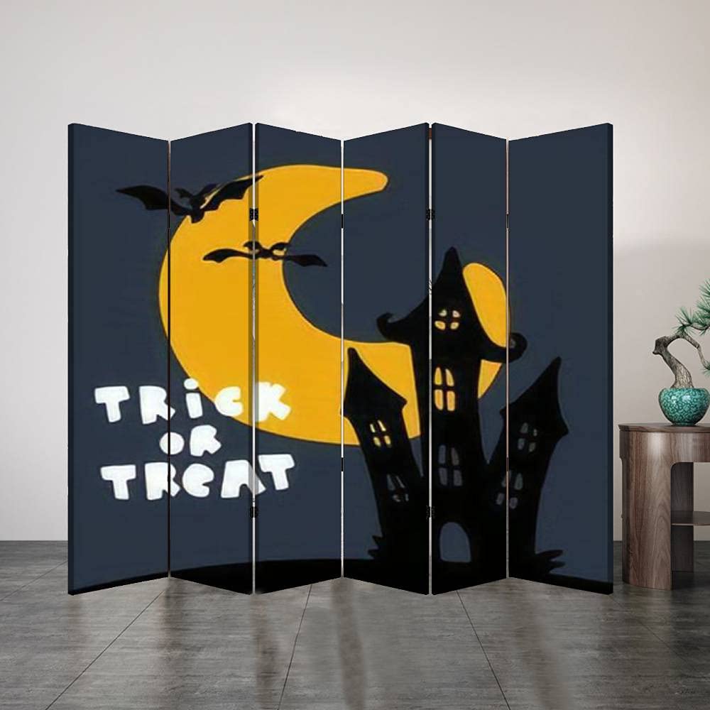 6 Panel Folding Privacy Screen - Halloween Themed Office Partition with Creepy Castle & Pumpkins Design - Room Divider for Home, Office, Bathroom | Perfect for Seasonal Decor & Space Separation