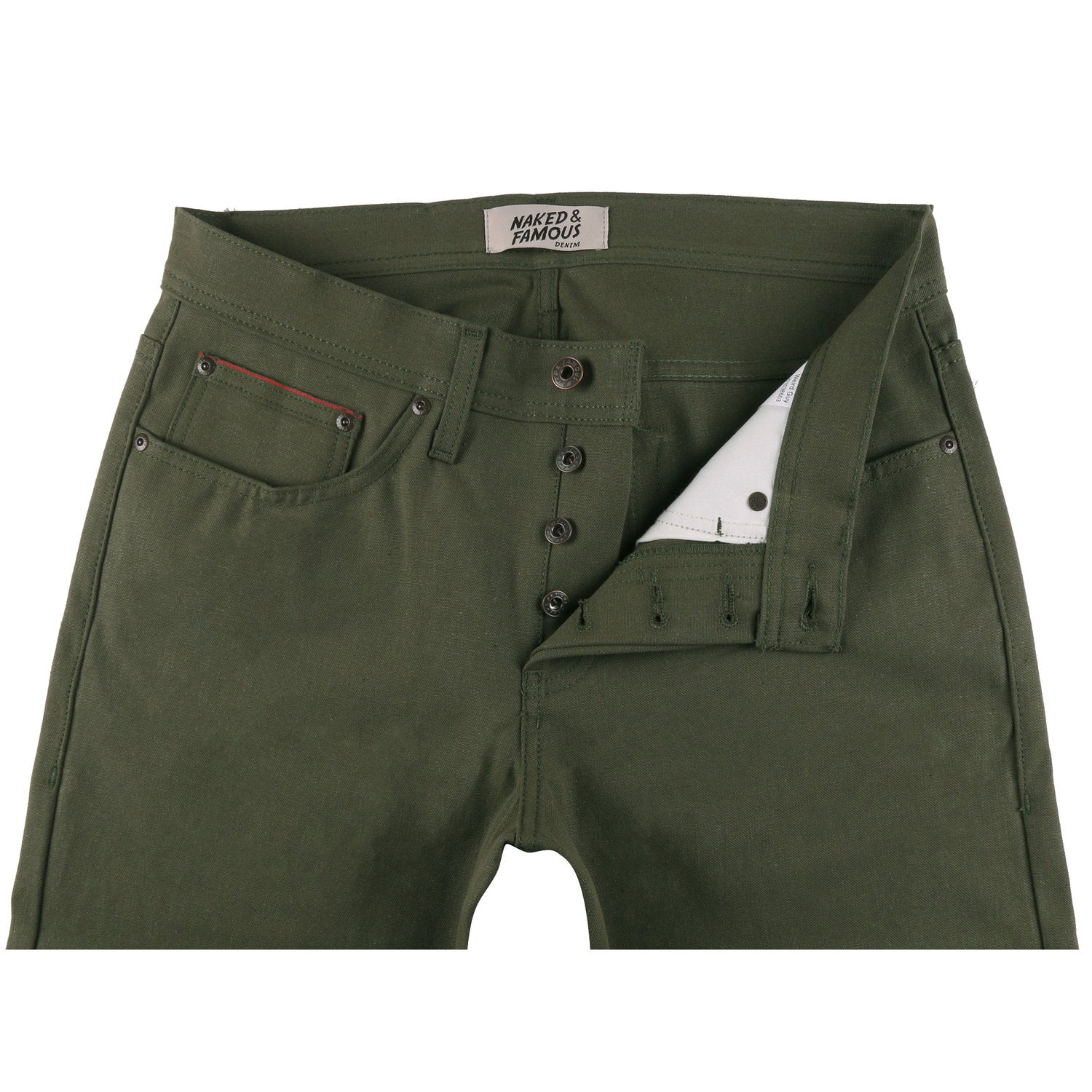 Naked & Famous Army Green Duck Canvas Selvedge Denim Jeans for Men - True Guy Fit, Durable Workwear & Casual Style for Everyday Wear