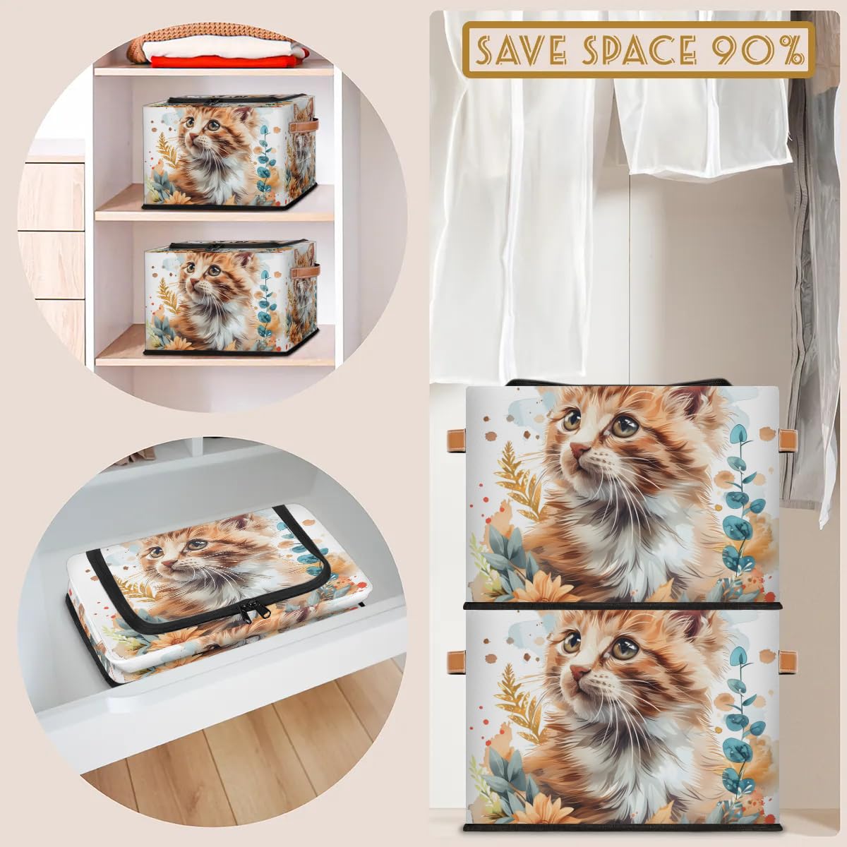 2-Pack Stackable Cat Leaf Pattern Storage Bins with Zipper Lid & Metal Frame - Closet Organizer Cubes with PU Handles for Clothes, Toys, Blankets - Perfect for Bedroom, Nursery, Dorm Organization