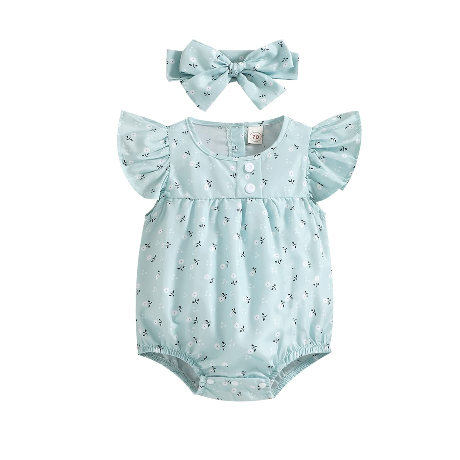 Adorable Baby Girl Floral Romper Onesie with Headband - Soft Cotton Fly Sleeve Bodysuit for Toddlers | Perfect Summer Outfit for Playdates & Photoshoots