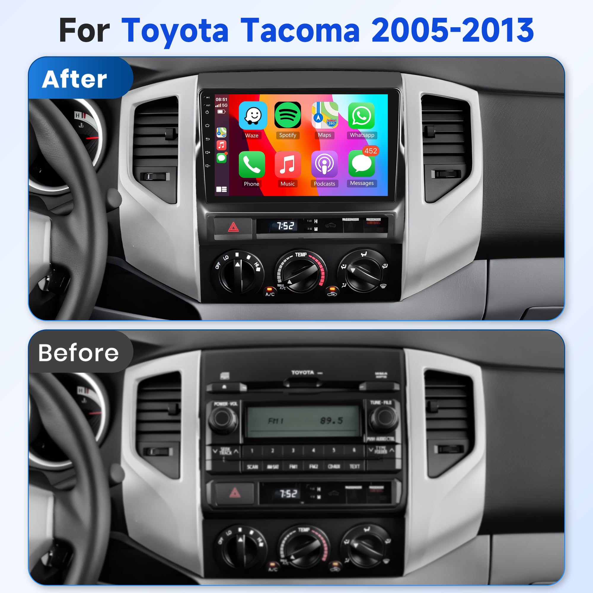 8-Core 2GB RAM 64GB Storage Android Car Stereo for Toyota Tacoma 2005-2015 | Wireless CarPlay & Android Auto | 9
