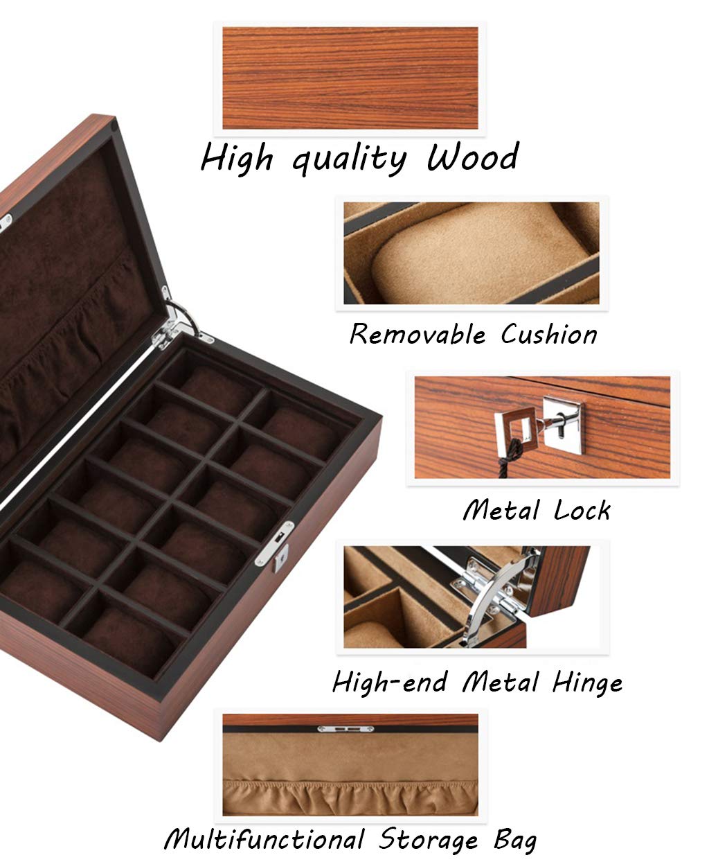 12-Slot Wooden Watch Box with Glass Lid - Luxury Watch Case with Removable Pillows & Velvet Lining - Perfect for Watch Storage, Display, and Travel - Gift for Watch Collectors & Enthusiasts