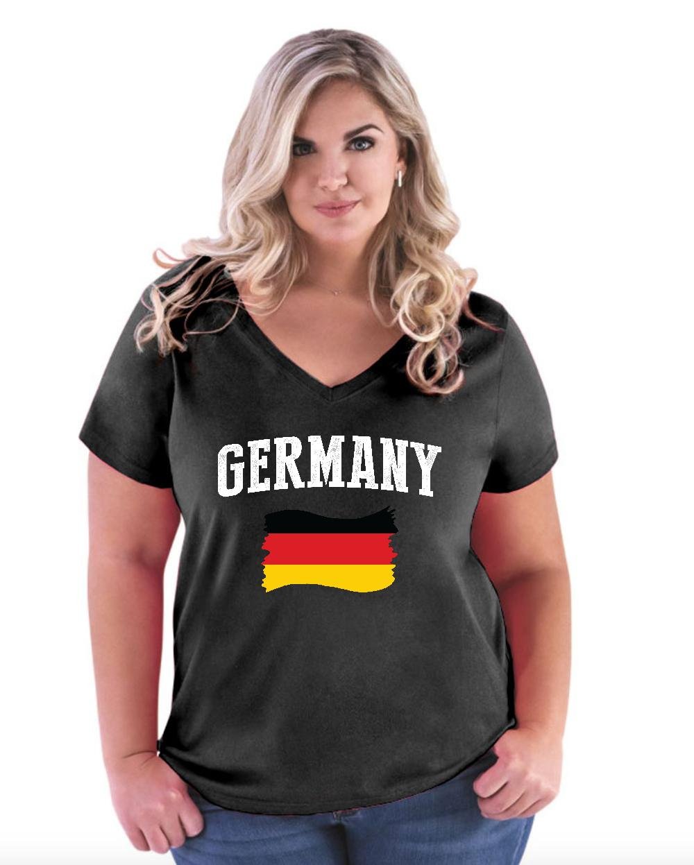 Germany Flag Graphic V-Neck T-Shirt for Women - Plus Size Soft Cotton Travel & Patriotic Tee - Perfect for 4th of July, Oktoberfest & European Vacations