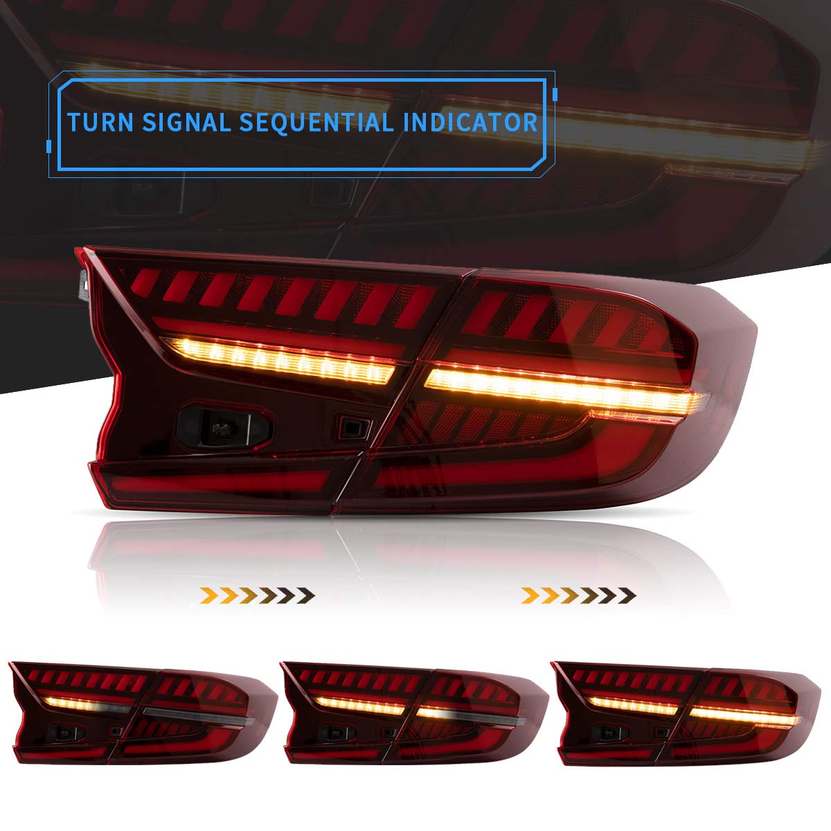 VLAND LED Tail Lights for Honda Accord 10th Gen 2018-2022 - Dynamic Scanning Animation, Sequential Turn Signals, Red DRL - Pair (4Pcs) - Perfect for Night Driving & Car Customization