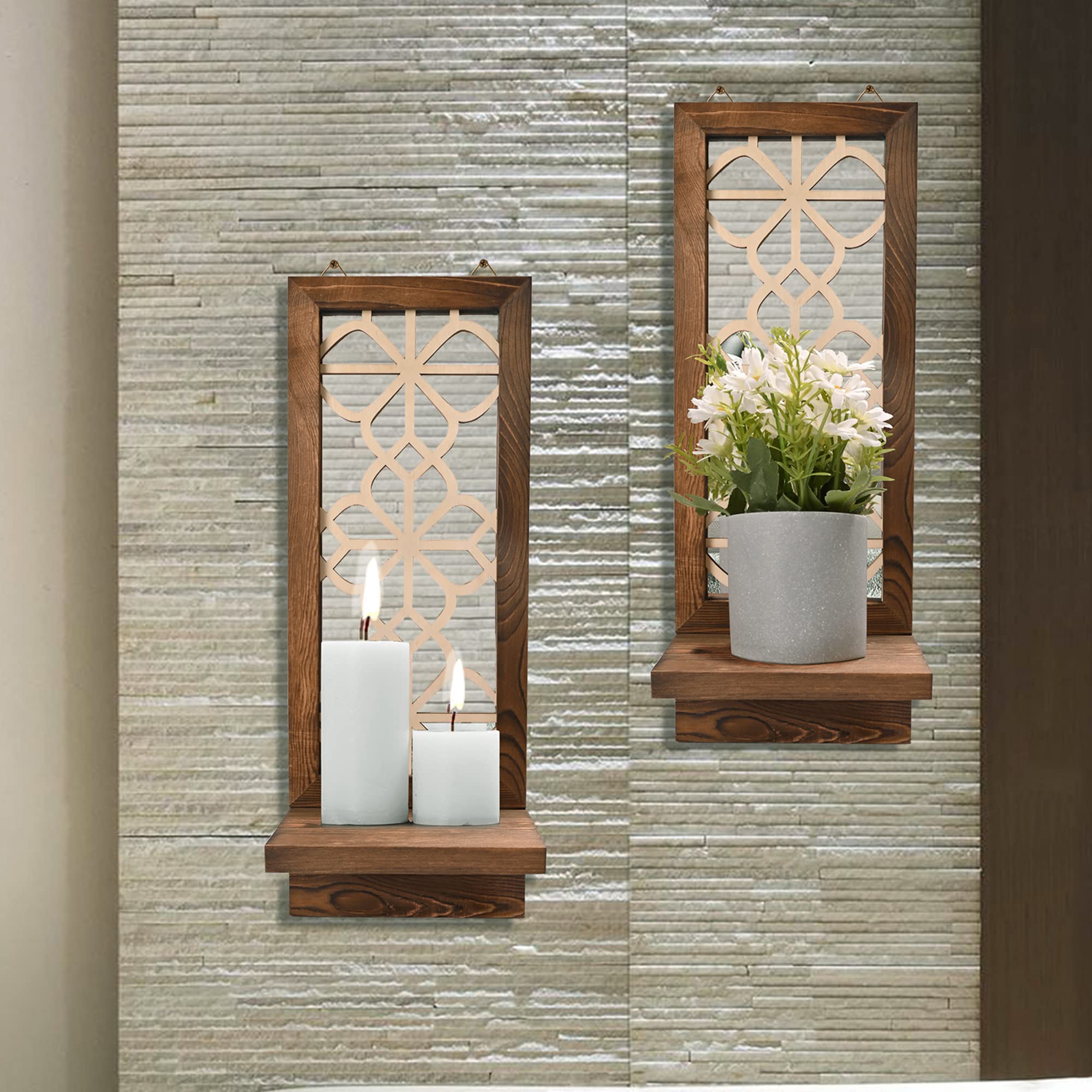Rustic Wall Candle Sconces Set of 2 - Brown Farmhouse Candle Holders with Floating Mirror for Home Decor | Perfect for Living Room, Dining Room, Bedroom & Bathroom Wall Art | Creates Cozy Ambiance for Dinners, Relaxation & Romantic Settings
