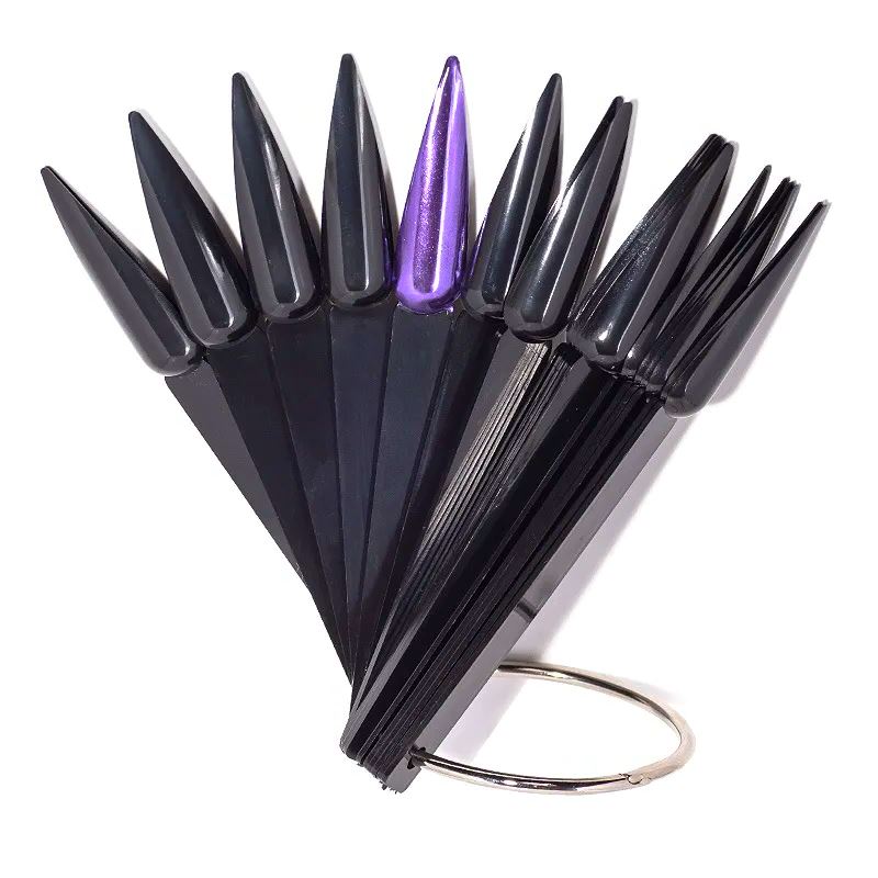 50-Pack Black Stiletto Nail Tips for Acrylic Nails - Display Key Ring for Easy Storage & Salon Organization | Perfect for Nail Technicians & DIY Manicures at Home