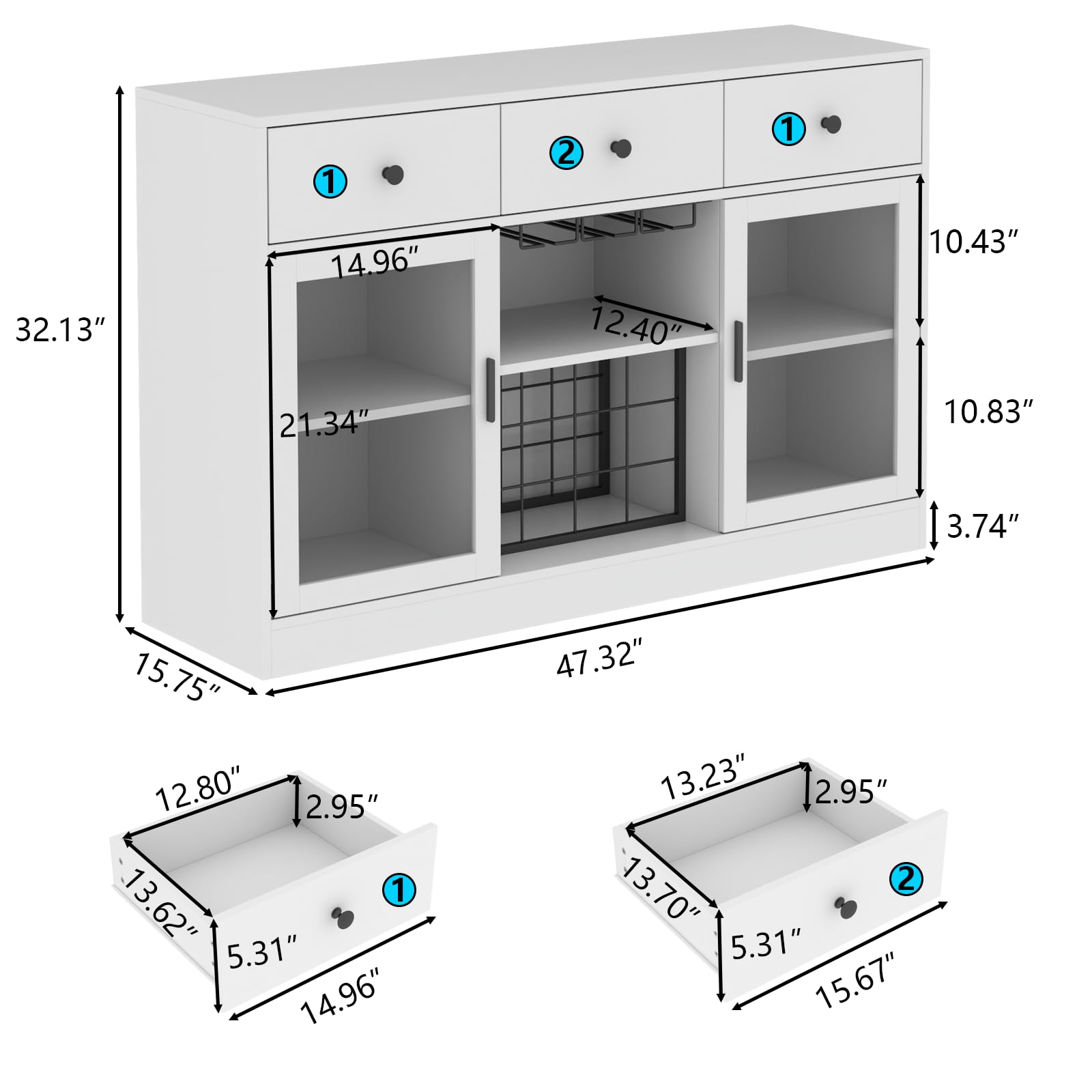 Modern White Wine Bar Cabinet with LED Lights - Kitchen Buffet Sideboard with Adjustable Shelves, Glass Door & Storage Drawers - Perfect for Home Bar, Dining Room & Living Room Storage