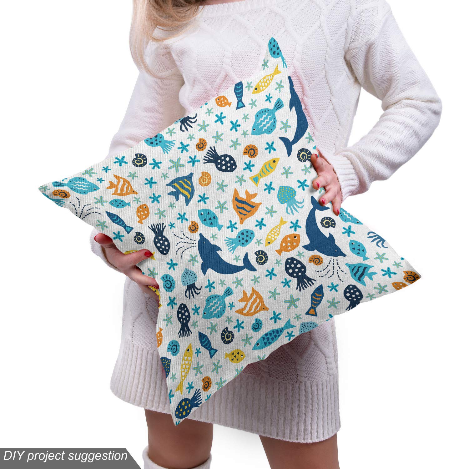 Ambesonne Dolphin Starfish Jellyfish Ocean Themed Upholstery Fabric - 1 Yard Dark Sky Blue Marigold Decorative Cotton Material for Sofa, Curtains & Home Decor | Perfect for Coastal Living Rooms, Beach House Bedrooms & Nautical Nursery Designs