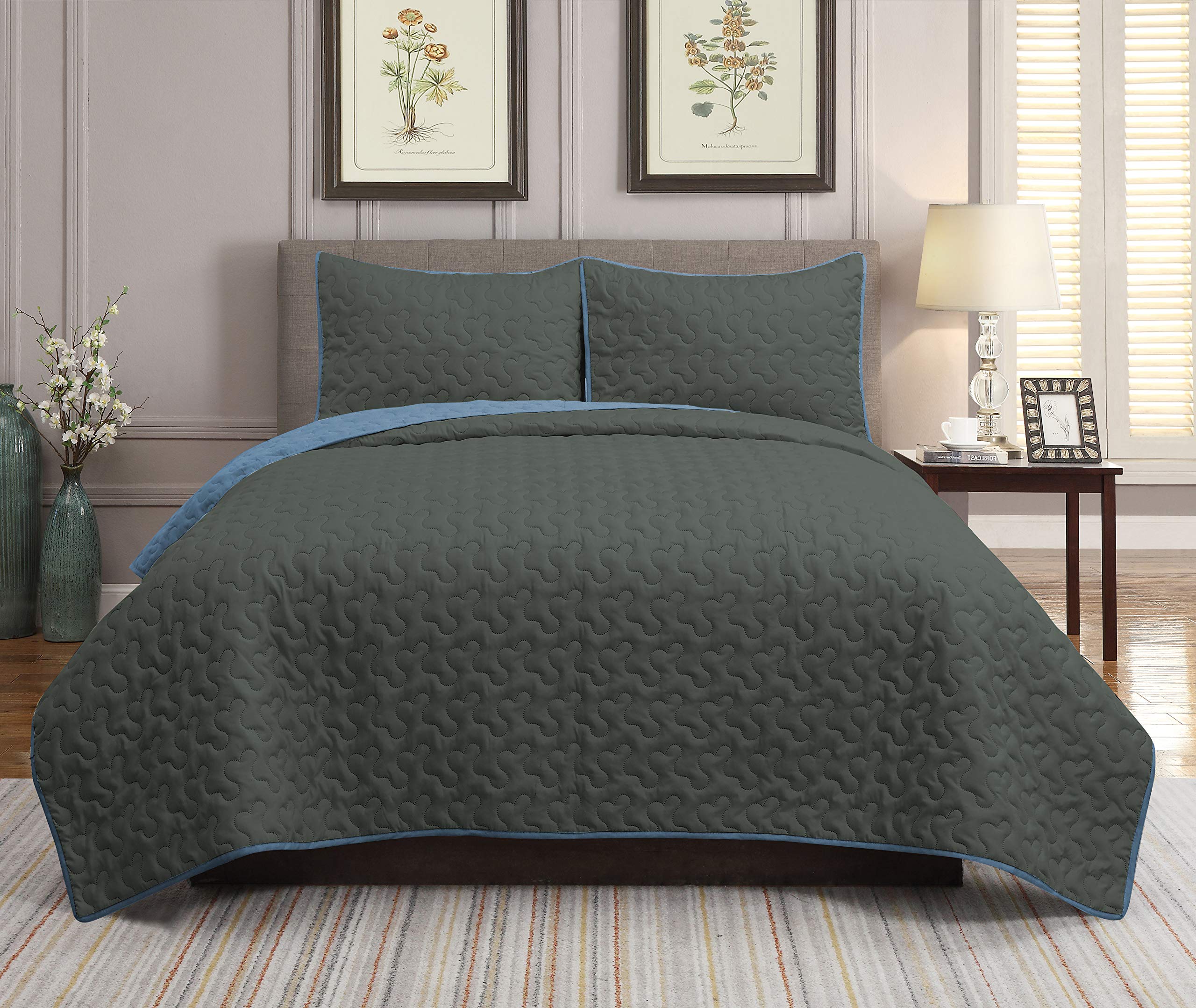 Harper Lane Crushed Microfiber Quilt Set - King Size Gray & Blue Bedspread - Ultra Soft Luxury Bedding for Master Bedroom, Guest Room & Dorm