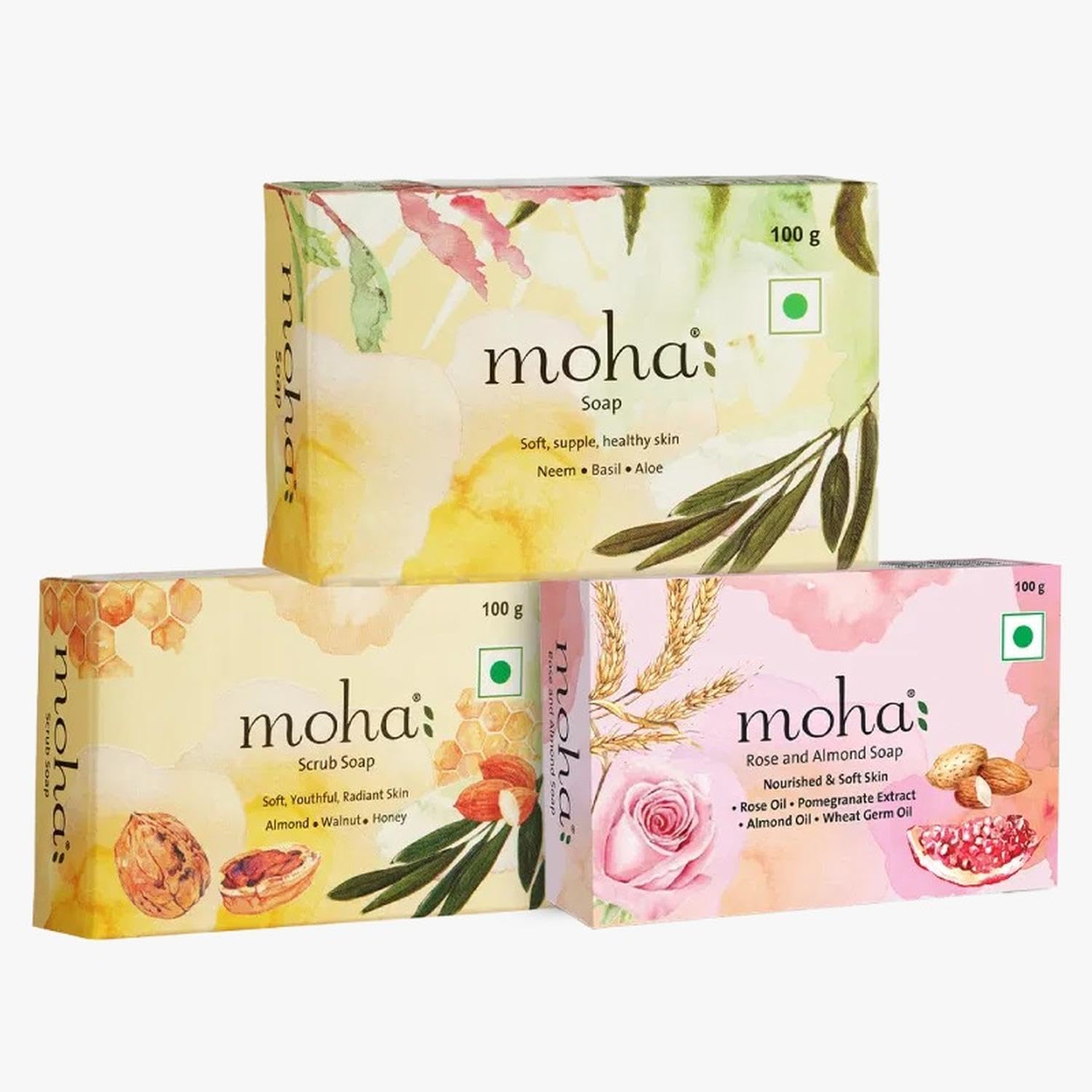 MOHA Multi Soap Pack - Hydrating & Nourishing Bar Soap for Soft Skin & Face (100g x 3 Bars, 300g Total) - Perfect for Daily Cleansing, Travel & Gift Sets