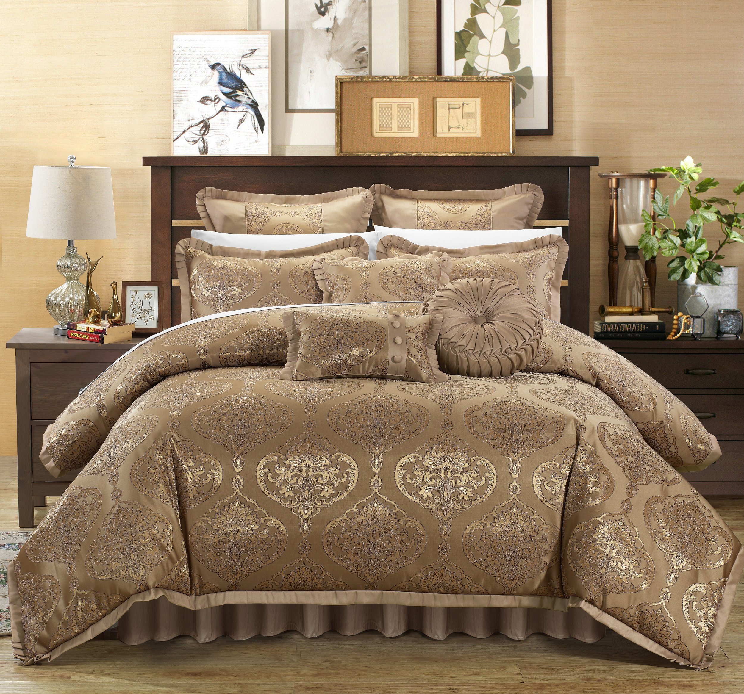Chic Home 9-Piece Como Jacquard Bedding Set - King Size Luxury Comforter & Pillow Ensemble in Gold | Elegant Upholstery Quality Fabric for Master Bedroom Decor