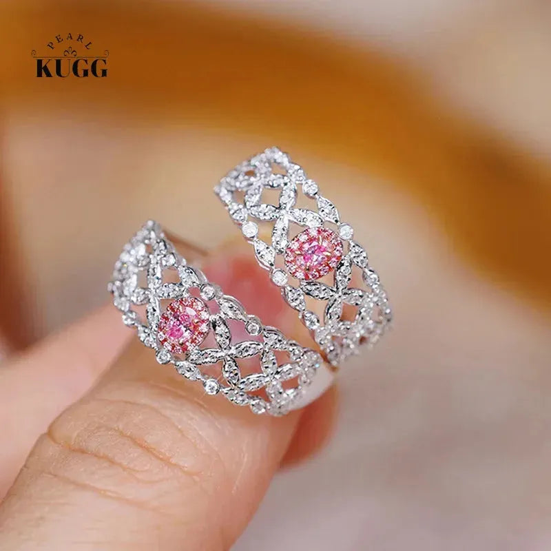 18K White Gold Romantic Hollow Out Lace Engagement Ring with Real Pink Diamond for Women - Perfect for Proposals, Anniversaries & Special Occasions