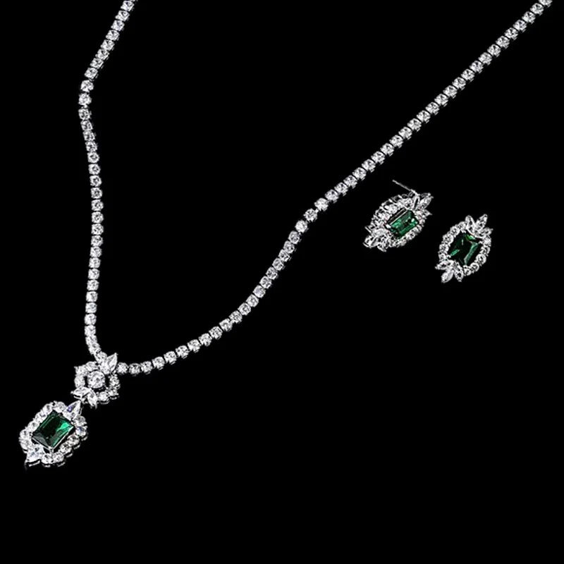 Emerald Green Crystal Necklace & Earring Set - Elegant Wedding Jewelry for Brides, Bridesmaids & Formal Events - 9173