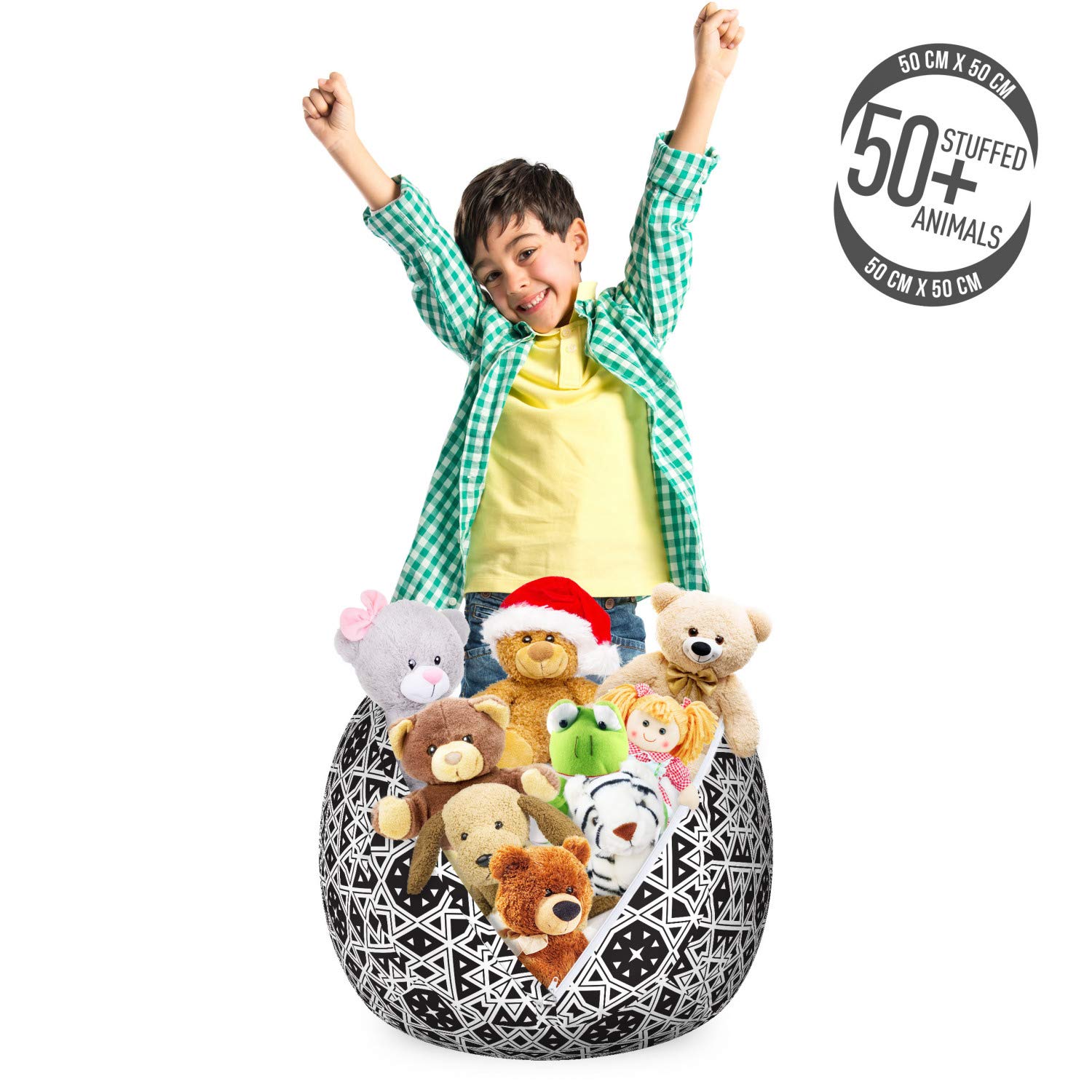 Ambesonne Traditional Storage Toy Bag Chair - Medieval Geometric Tiles Monochrome Ottoman with Royal Oriental Design | Stuffed Animal Organizer & Washable Storage Bag | Small Size Black & White | Perfect for Kids' Room, Nursery, or Playroom Organization