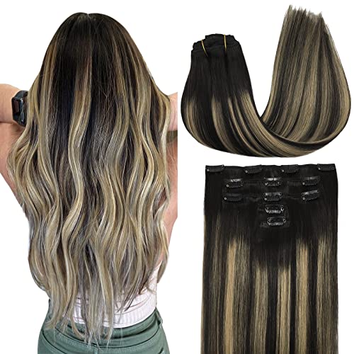22 Inch 5pcs 85g MAXITA Clip-in Human Hair Extensions - Balayage Natural Black to Light Blonde Real Hair for Women | Perfect for Parties, Weddings & Daily Styling