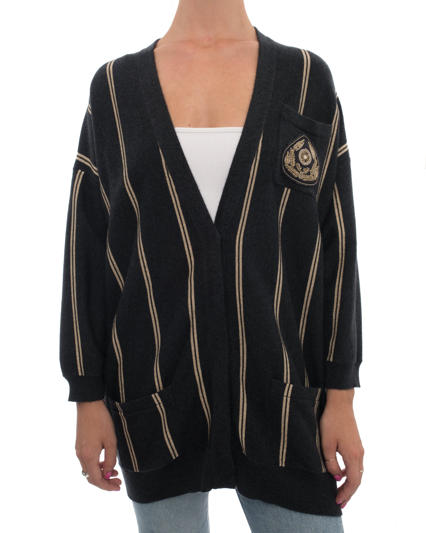 Brunello Cucinelli Grey & Gold Striped Cashmere Cardigan with Embroidered Crest - Luxury Knitwear for Men | Perfect for Business Casual, Office Wear & Fall Fashion