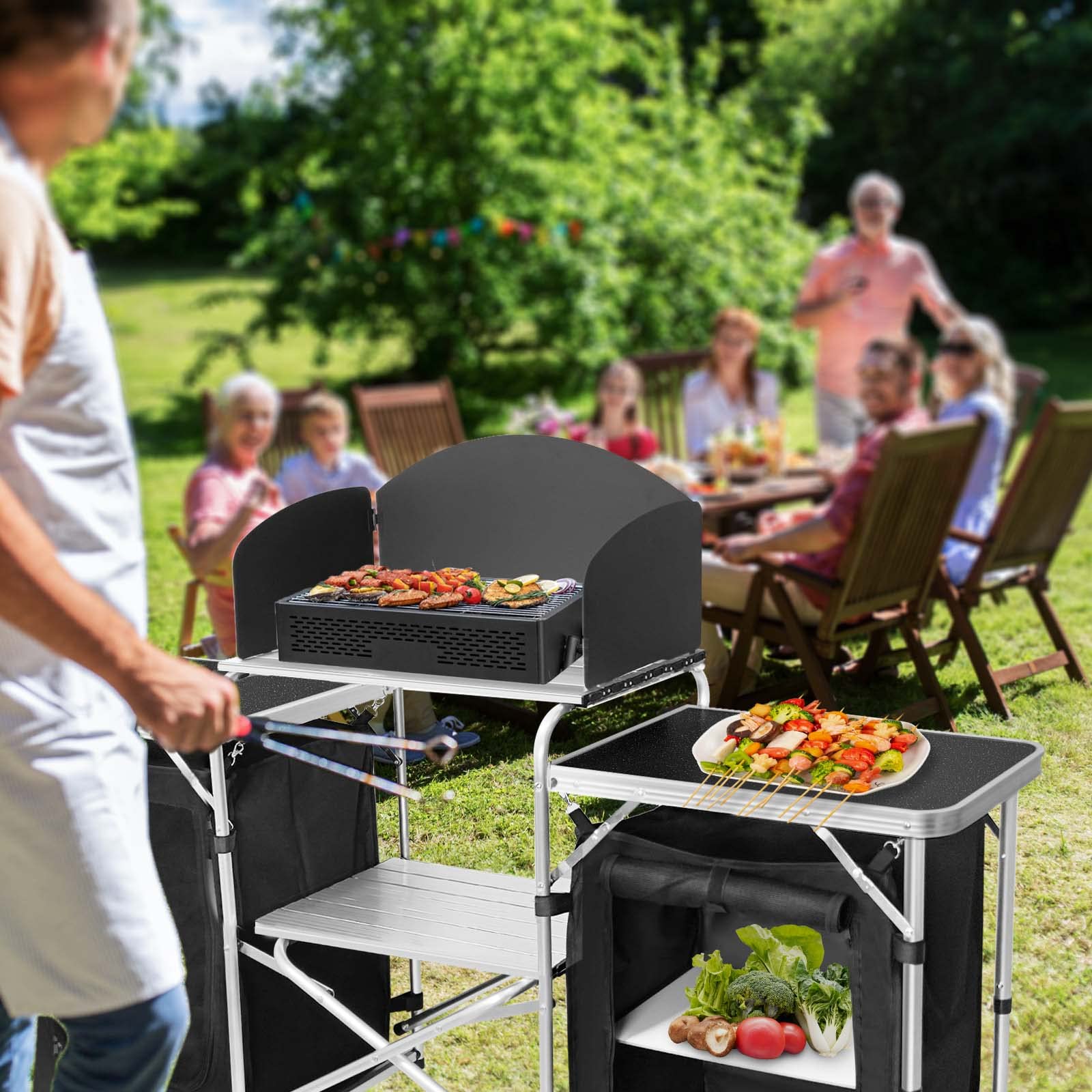CampLand Portable Folding Camping Kitchen Table - Aluminum Outdoor Cook Station with Storage Organizer, Windscreen & Hooks - Perfect for BBQ, Picnics, Tailgating & Backyard Parties (Black)