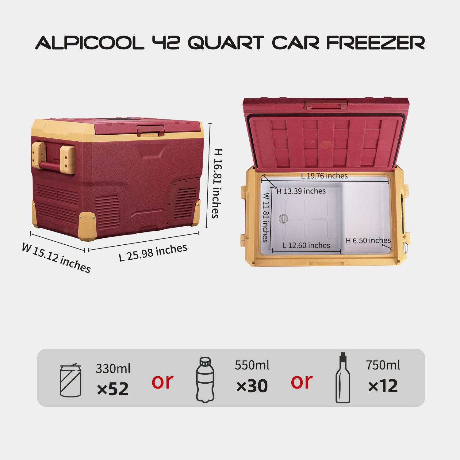 Alpicool IR42 Red 12V Portable Car Refrigerator - 42 Quart Compact Freezer for Road Trips, Camping & Outdoor Adventures