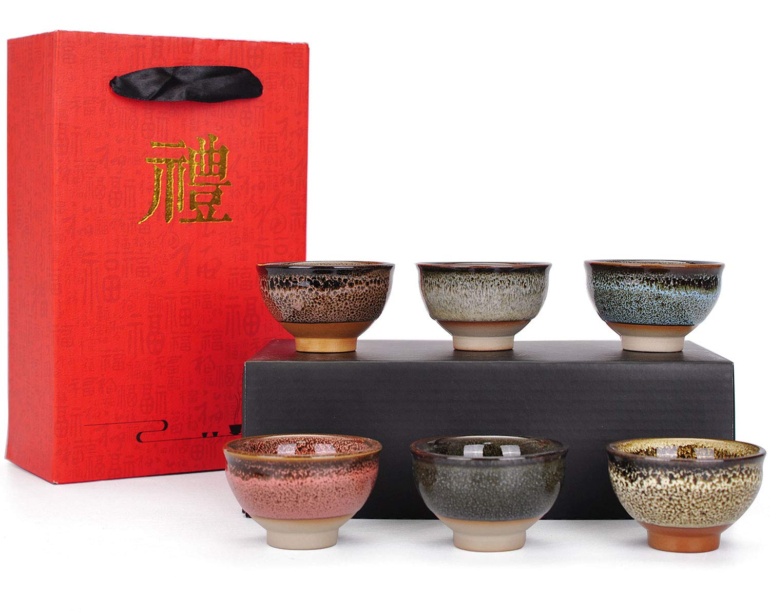 VanEnjoy 6-Piece Set Colorful Handmade Jianzhan Tea Cups - Traditional Chinese Kiln-Transformed Ceramic Teaware for Tea Ceremony, Home Decor & Gift Giving