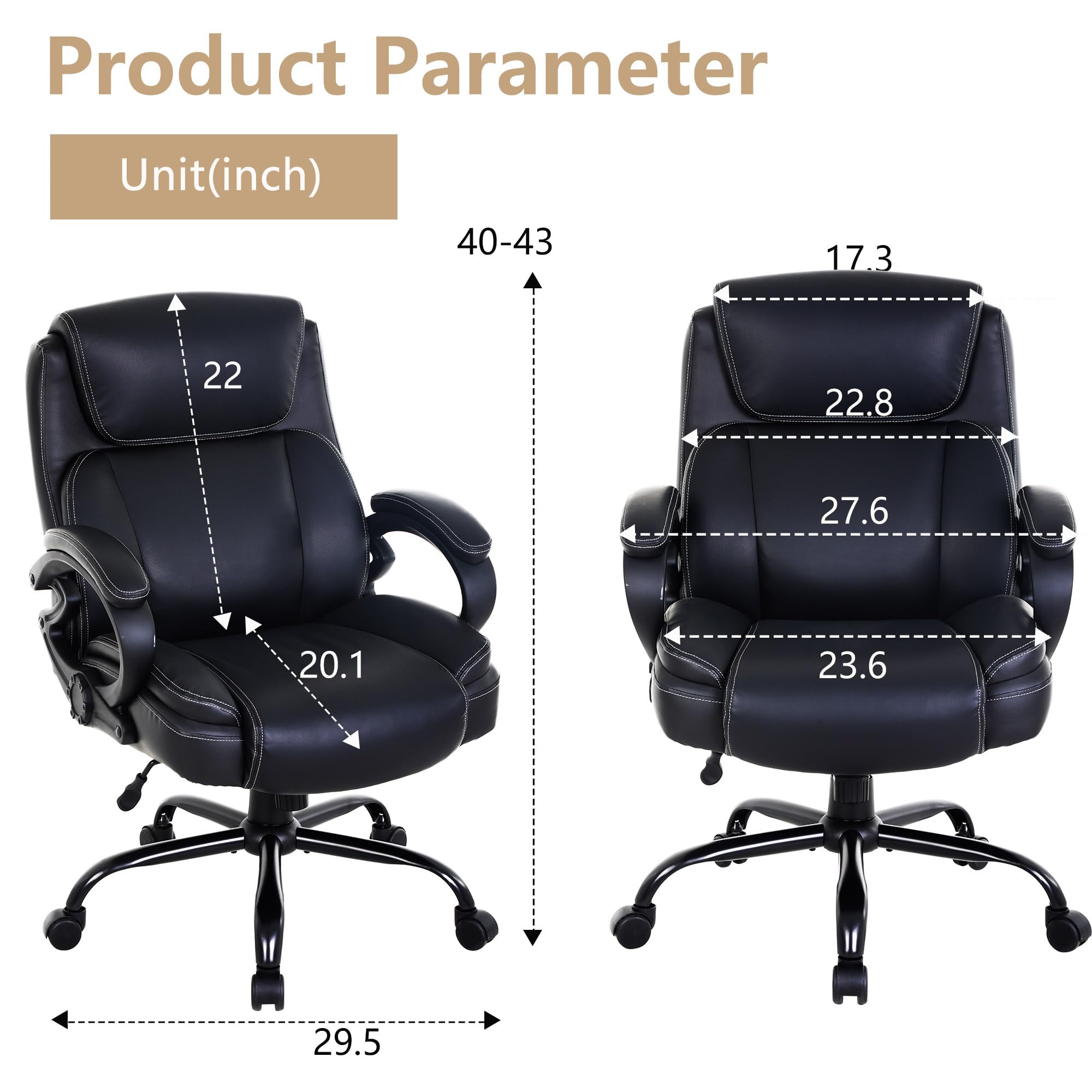 Big and Tall Office Chair 400lbs Capacity - Wide Seat Ergonomic Computer Chair with Adjustable Arms & Lumbar Support - PU Leather High Back Executive Desk Chair for Back Pain Relief - Perfect for Home Office, Gaming & Workspaces (Black)