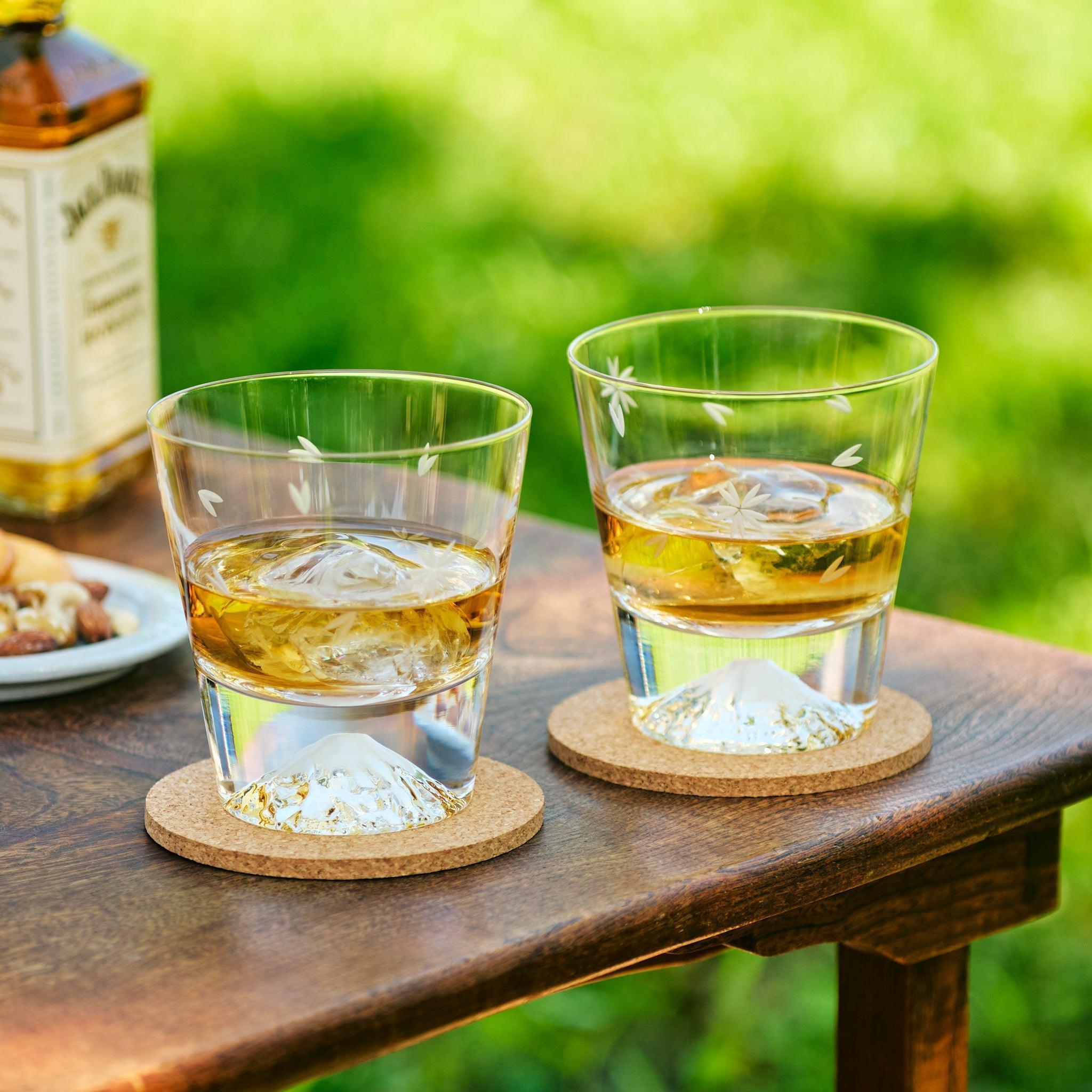 Tajima Mount Fuji Rocks Glass Set with Cherry Blossom Design - Japanese Whiskey Glasses for Cocktails, Bourbon & Scotch - Perfect for Home Bar, Gifts & Japanese Culture Enthusiasts