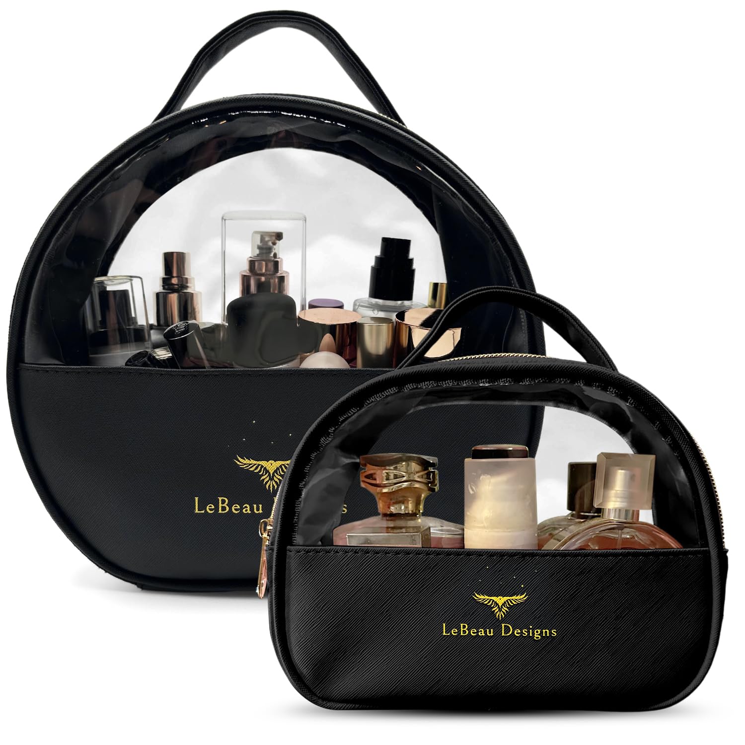 2-Pack Waterproof PU Leather Makeup Travel Bag for Women - Clear Toiletry Organizer with Multiple Compartments & Layered Storage | Perfect for Cosmetic, Skincare & Travel Essentials (Black)