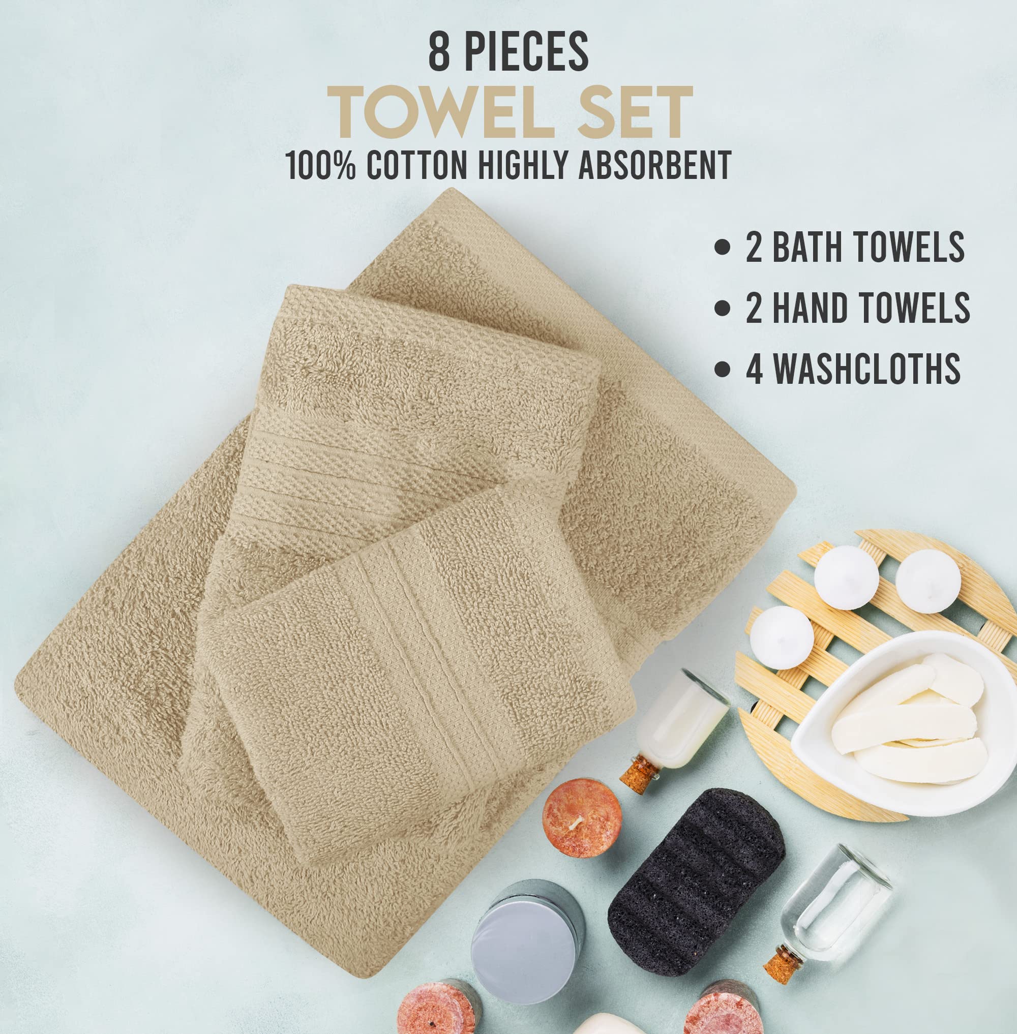 Premium 8-Piece 100% Cotton Bath Towel Set - 2 Oversized Bath Towels (27x54), 2 Hand Towels (16x28), 4 Washcloths (13x13) - Soft, Absorbent & Quick-Drying - Perfect for Home, Hotel, Spa & Everyday Use - Taupe