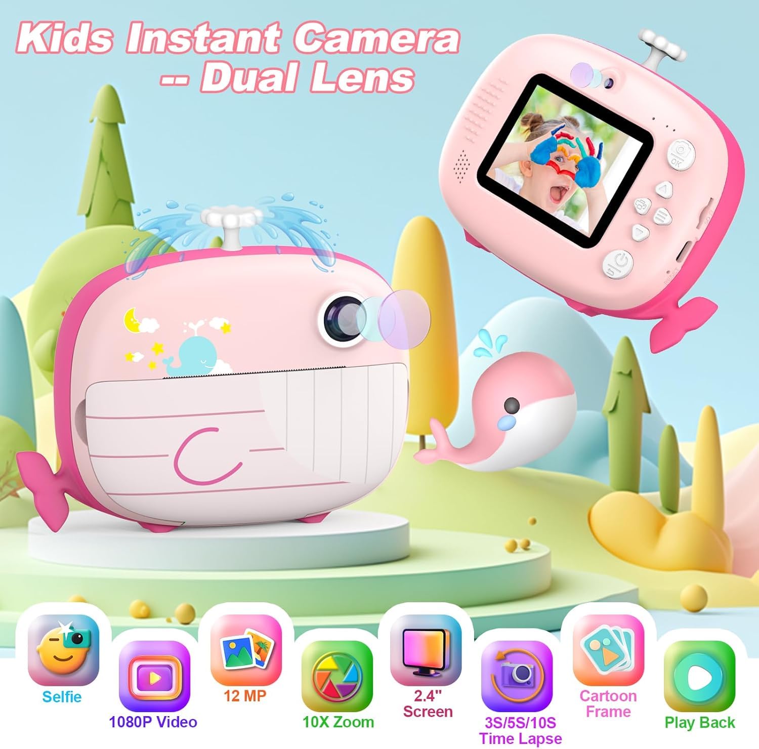12MP Kids Instant Print Camera - Ink-Free Printing, Selfie Camera for Boys & Girls Ages 3-12 (Pink) | Perfect Birthday Gift & Travel Companion for Kids