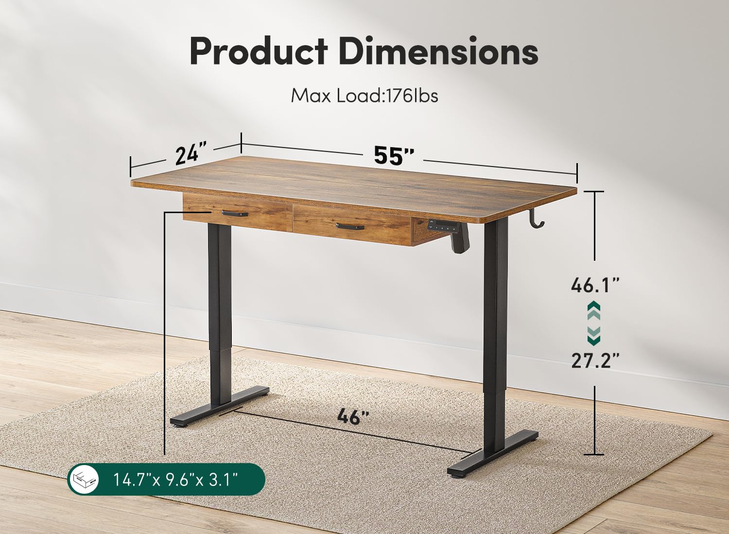 FEZIBO 55x24 Inches Adjustable Height Electric Standing Desk with Double Drawers - Black Frame & Fir Brown Splice Tabletop | Ergonomic Home Office Desk for Work, Study & Gaming